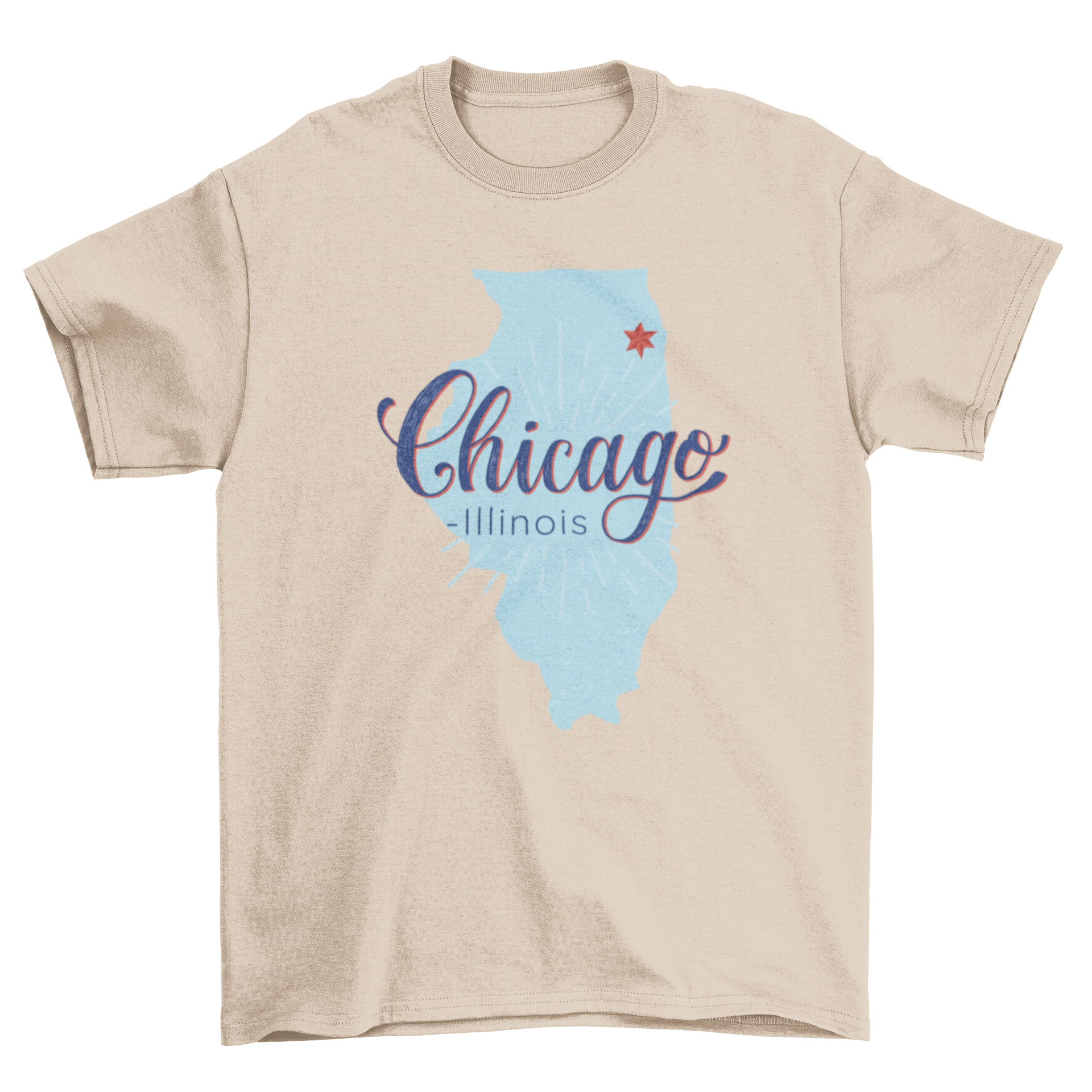 Chicago Illinois Map T-shirt featuring a detailed map with Chicago highlighted by a red star.