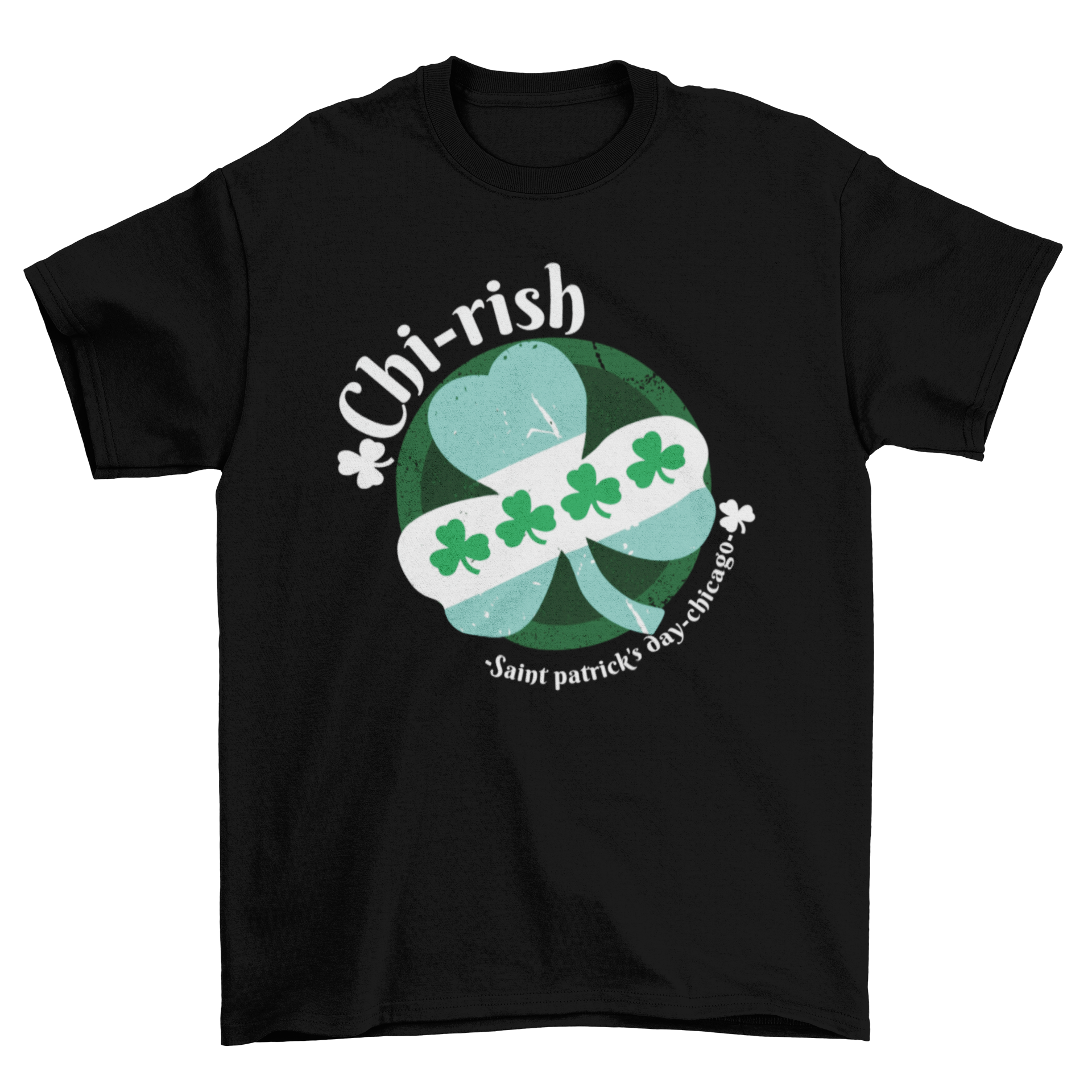 Chicago Irish T-Shirt featuring a shamrock design with Chicago flag elements, perfect for St. Patrick's Day.