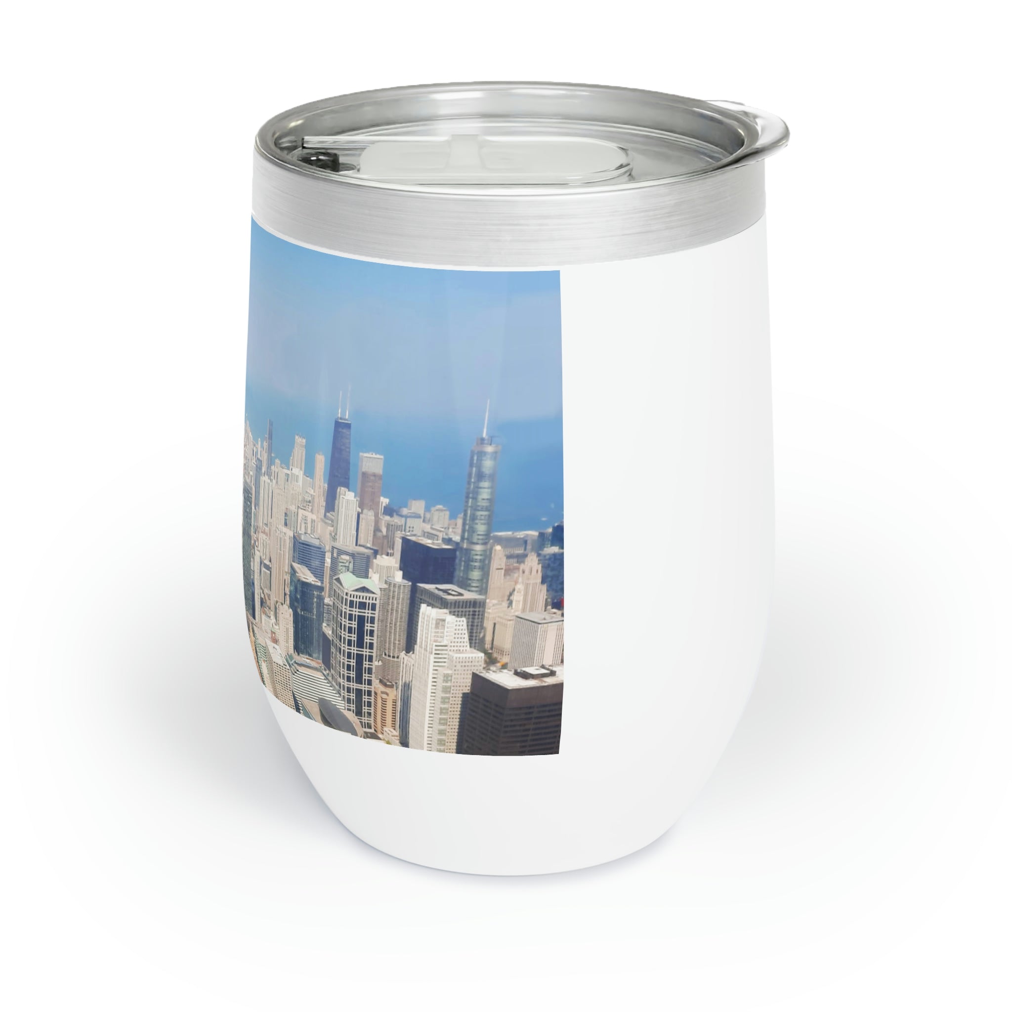 Chicago Skyline Chill Wine Tumbler showcasing a modern design with double-insulated walls and a stemless structure, perfect for wine lovers.