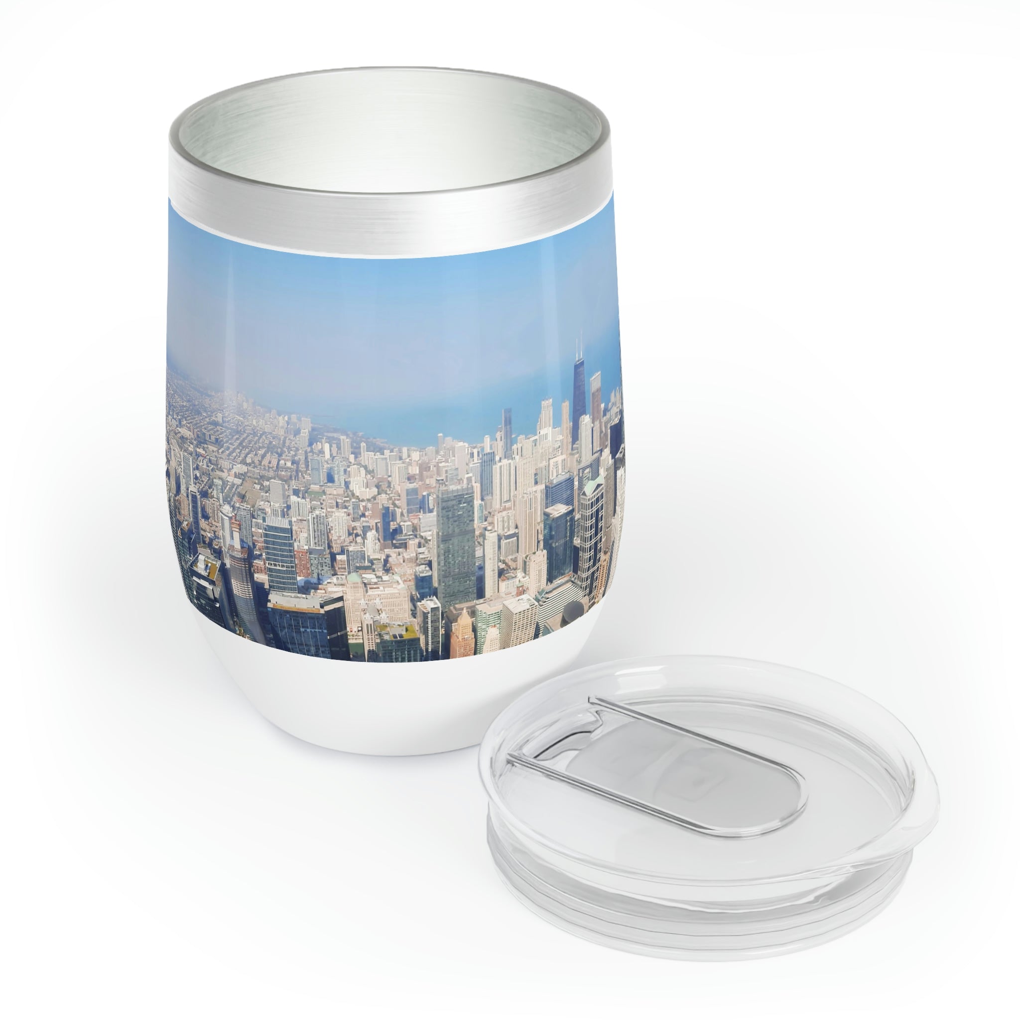 Chicago Skyline Chill Wine Tumbler showcasing a modern design with double-insulated walls and a stemless structure, perfect for wine lovers.