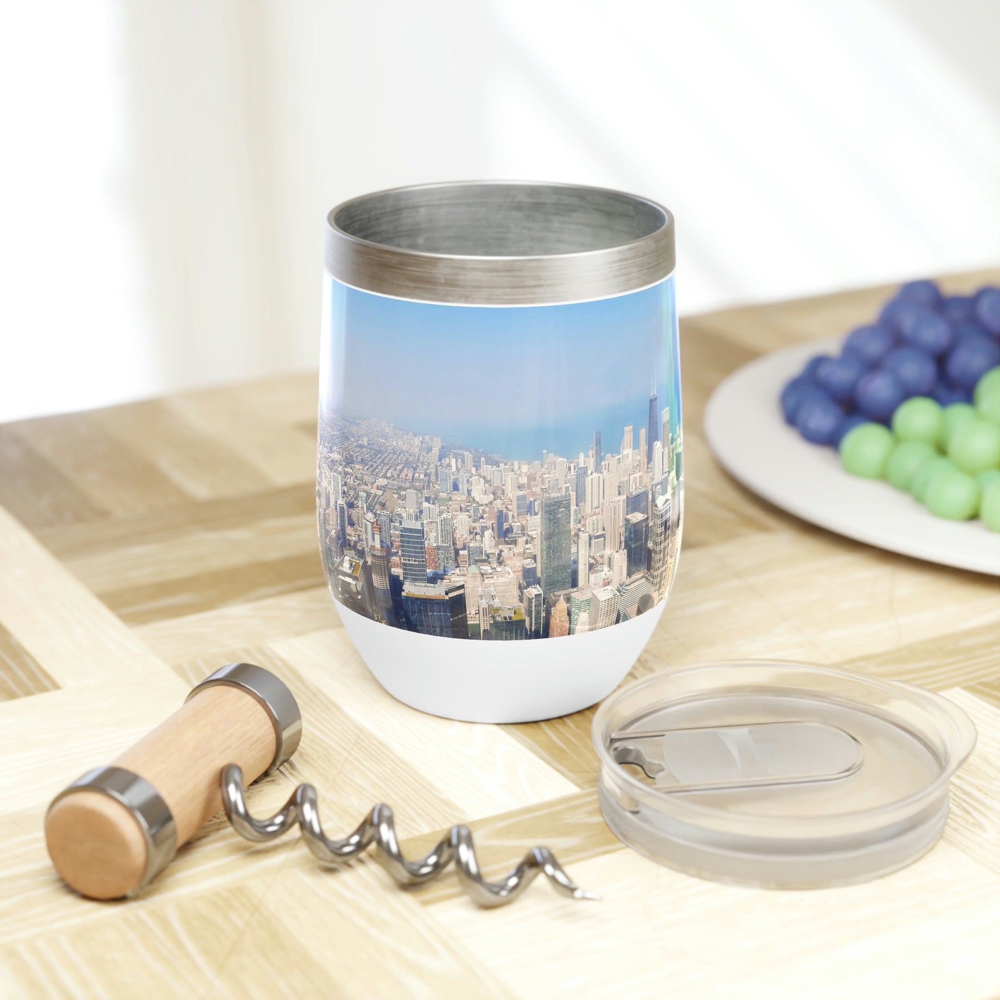 Chicago Skyline Chill Wine Tumbler showcasing a modern design with double-insulated walls and a stemless structure, perfect for wine lovers.