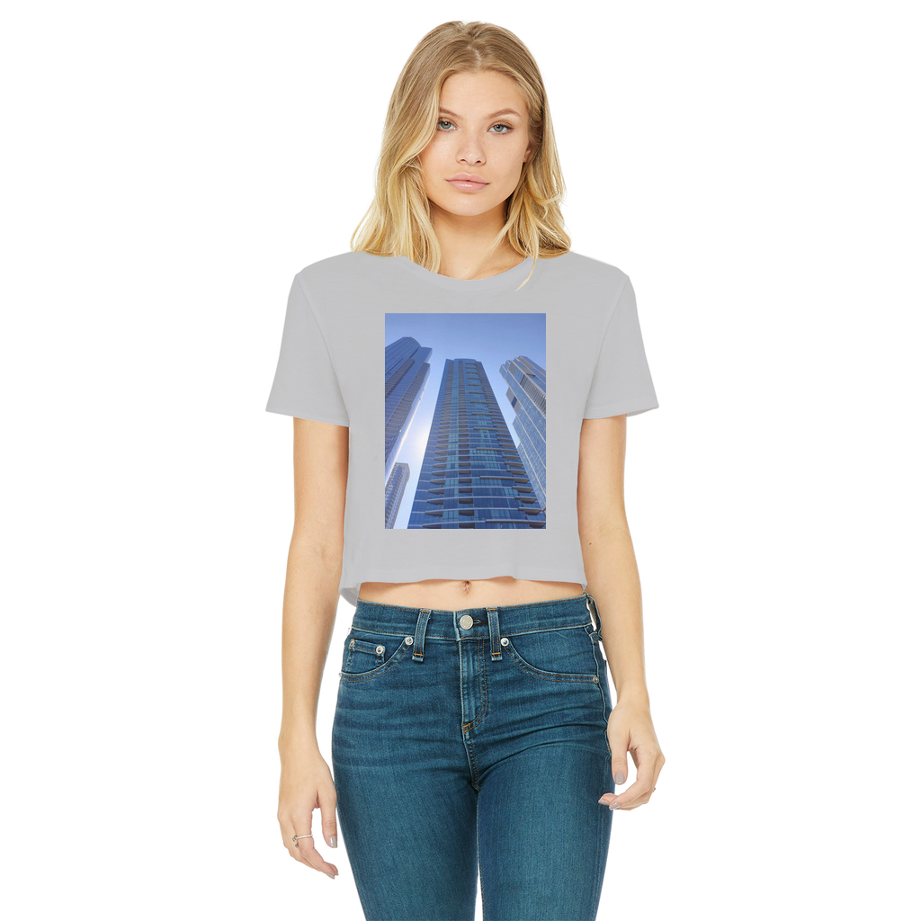 Chicago Skyline Classic Women's Cropped Raw Edge T-Shirt featuring a stylish design with a round neck and raw edge hem.