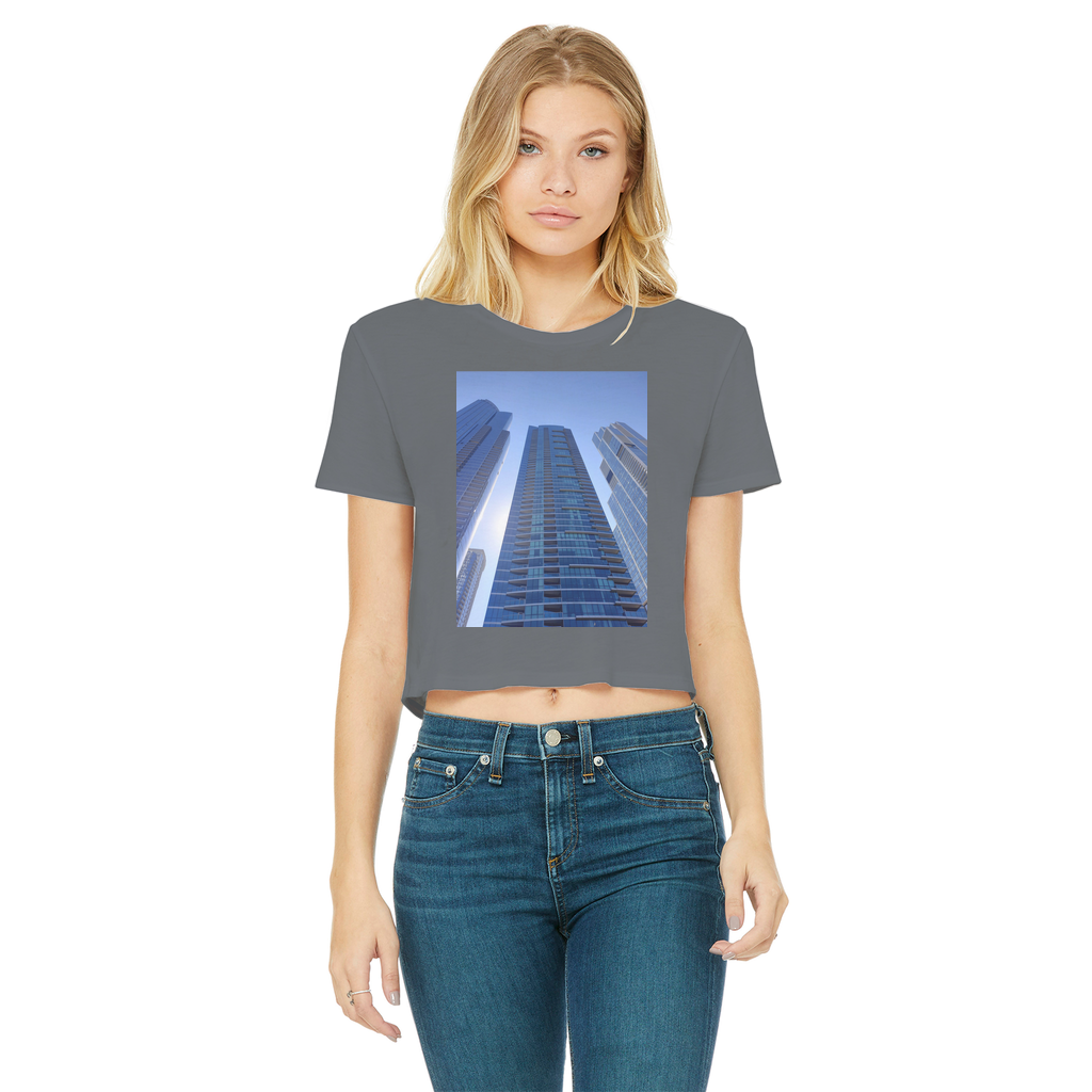 Chicago Skyline Classic Women's Cropped Raw Edge T-Shirt featuring a stylish design with a round neck and raw edge hem.