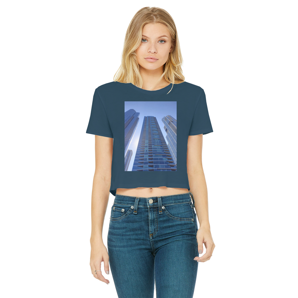 Chicago Skyline Classic Women's Cropped Raw Edge T-Shirt featuring a stylish design with a round neck and raw edge hem.