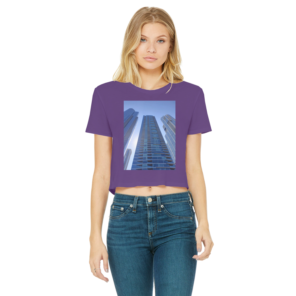 Chicago Skyline Classic Women's Cropped Raw Edge T-Shirt featuring a stylish design with a round neck and raw edge hem.