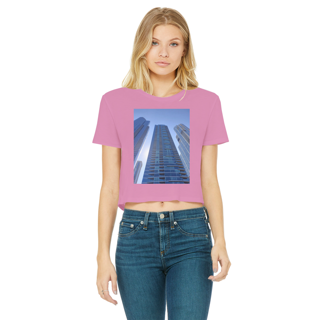 Chicago Skyline Classic Women's Cropped Raw Edge T-Shirt featuring a stylish design with a round neck and raw edge hem.