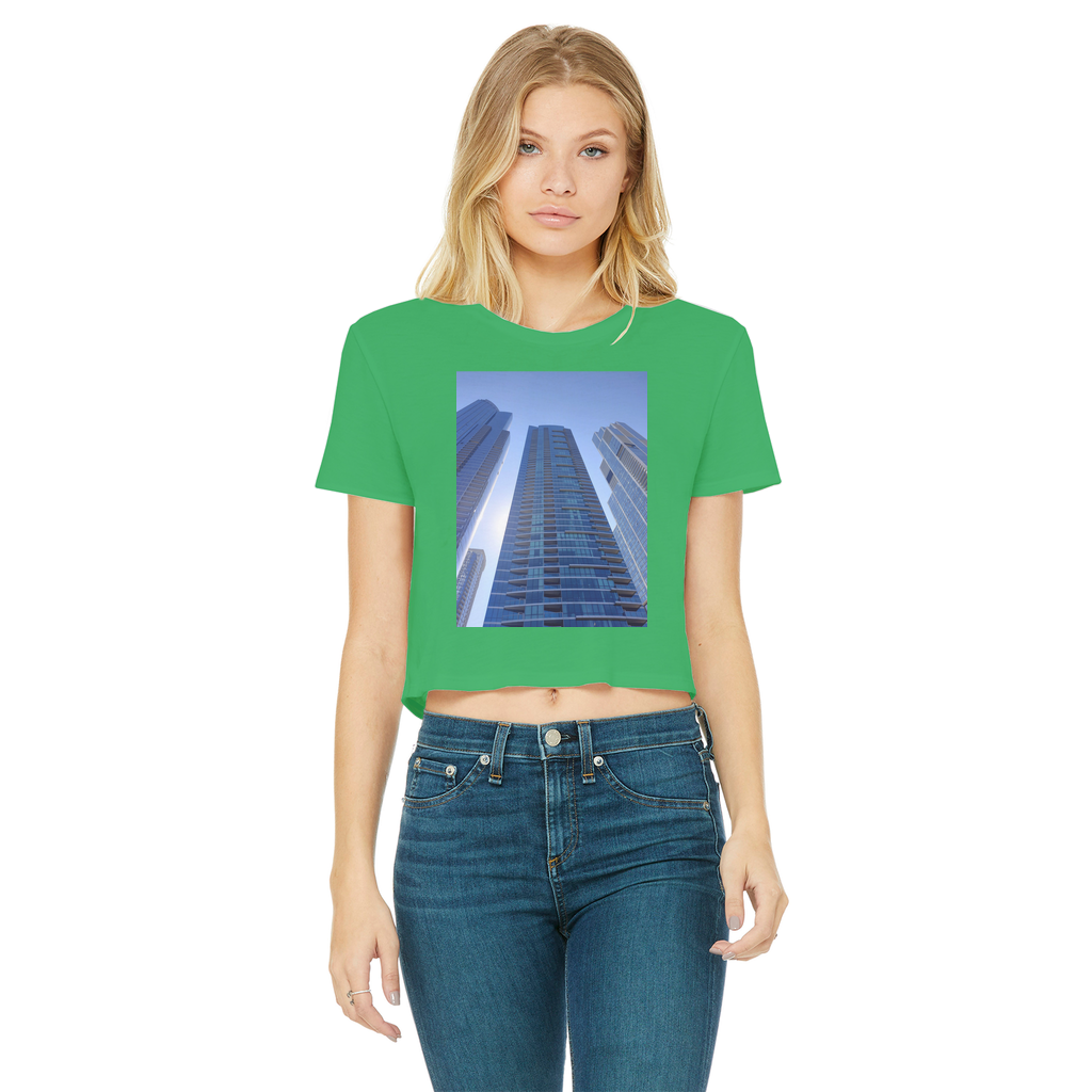 Chicago Skyline Classic Women's Cropped Raw Edge T-Shirt featuring a stylish design with a round neck and raw edge hem.