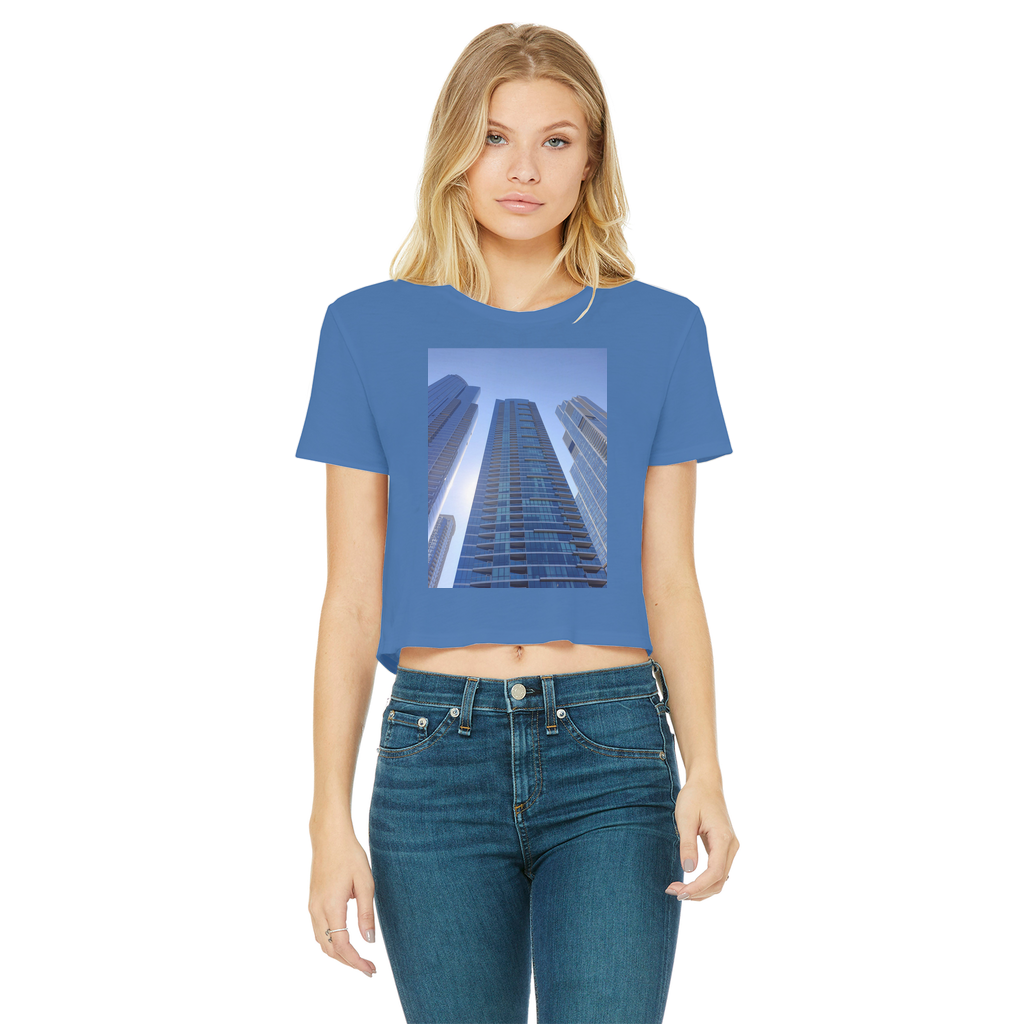 Chicago Skyline Classic Women's Cropped Raw Edge T-Shirt featuring a stylish design with a round neck and raw edge hem.