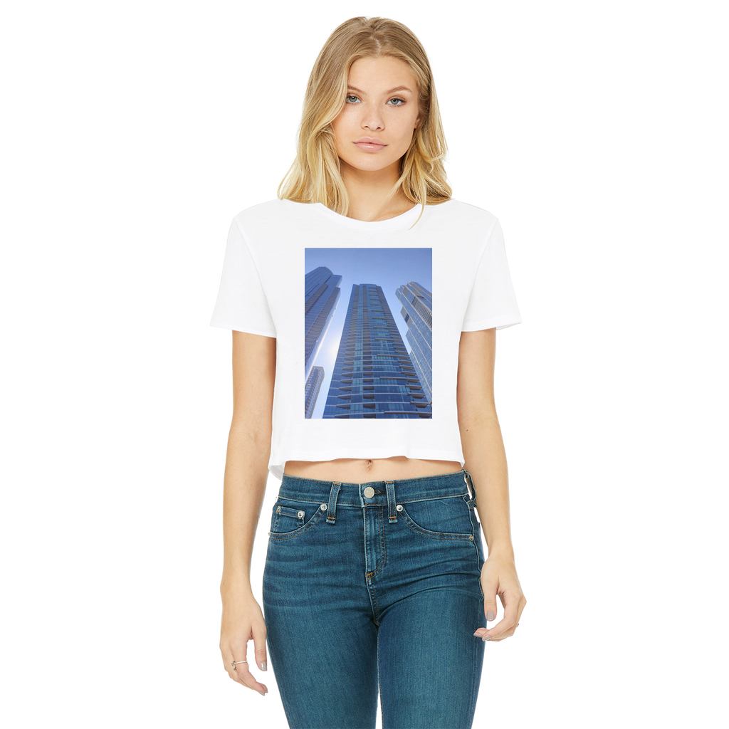 Chicago Skyline Classic Women's Cropped Raw Edge T-Shirt featuring a stylish design with a round neck and raw edge hem.