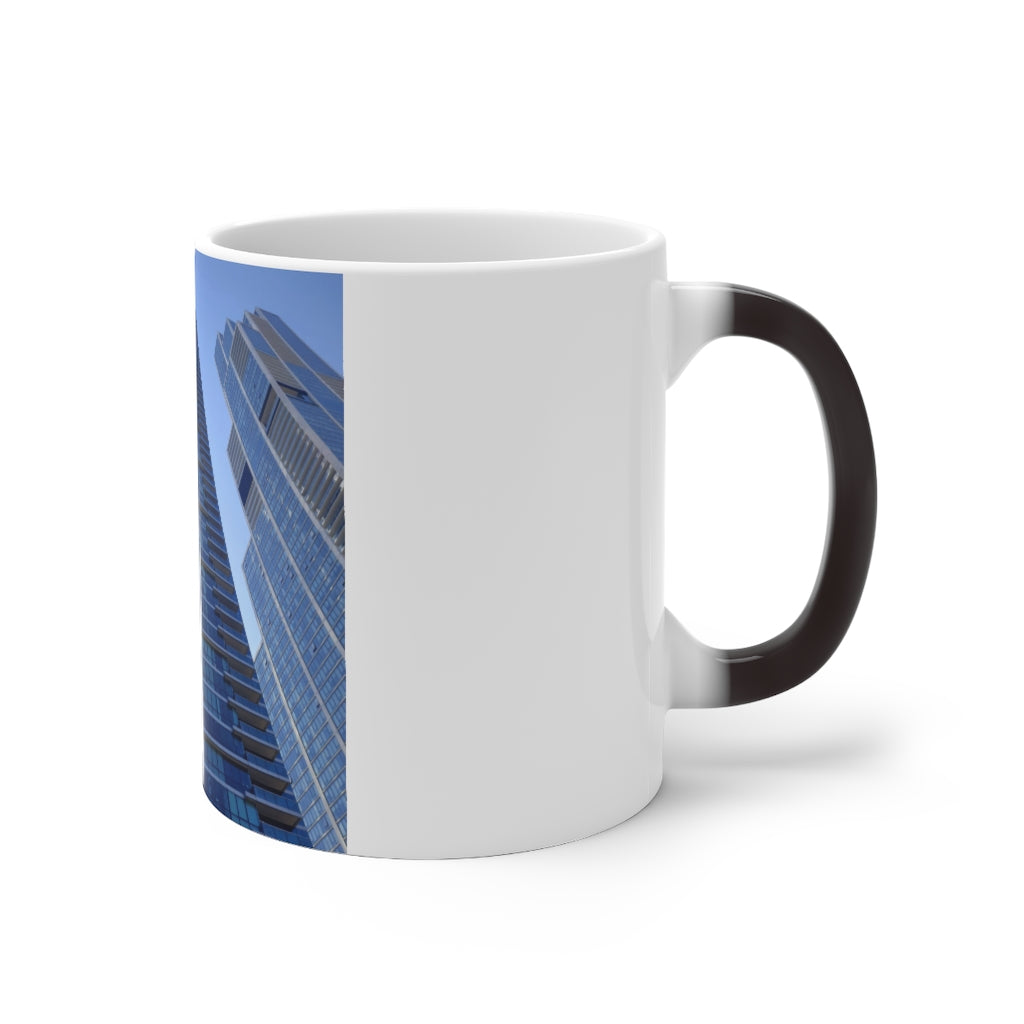 Chicago Skyline Color Changing Mug showcasing vibrant colors when filled with hot liquid, featuring a C-handle and rounded corners.