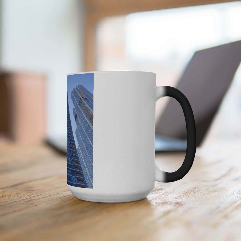 Chicago Skyline Color Changing Mug showcasing vibrant colors when filled with hot liquid, featuring a C-handle and rounded corners.