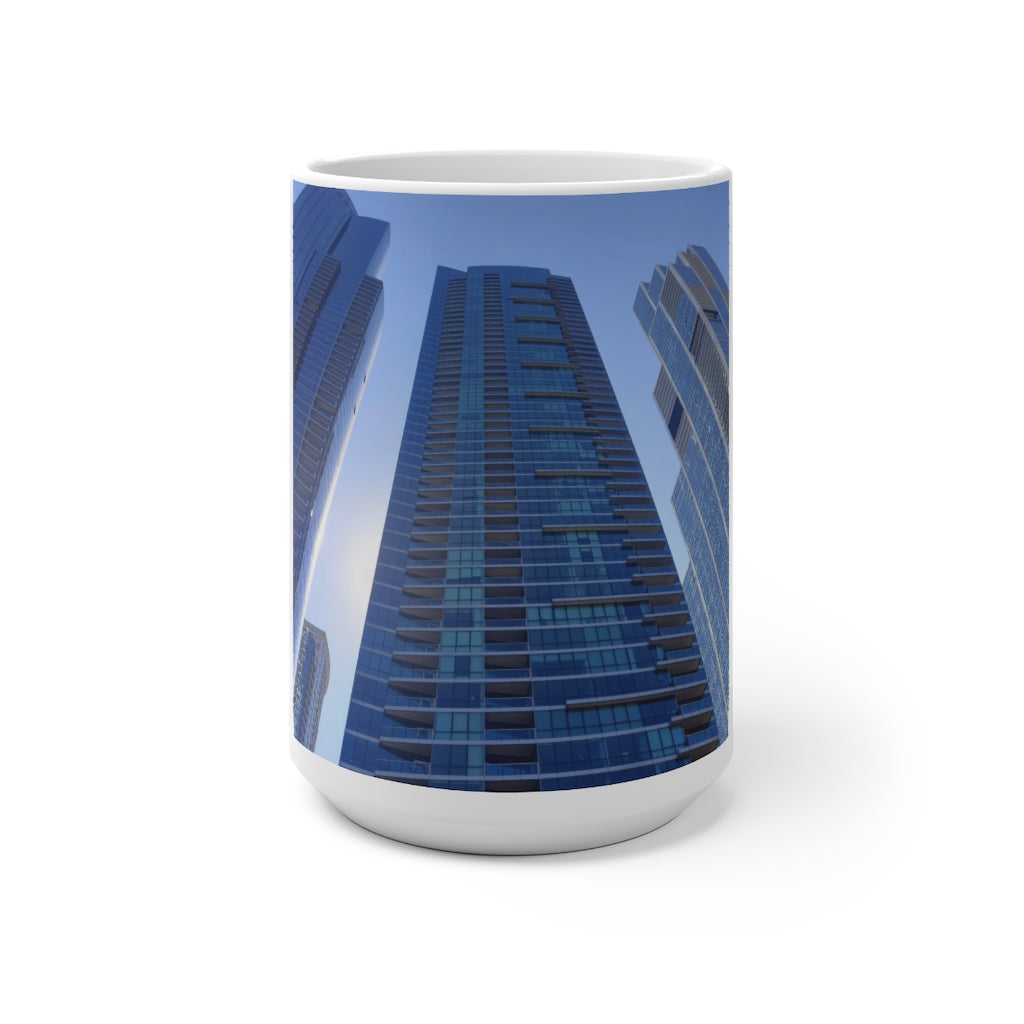 Chicago Skyline Color Changing Mug showcasing vibrant colors when filled with hot liquid, featuring a C-handle and rounded corners.