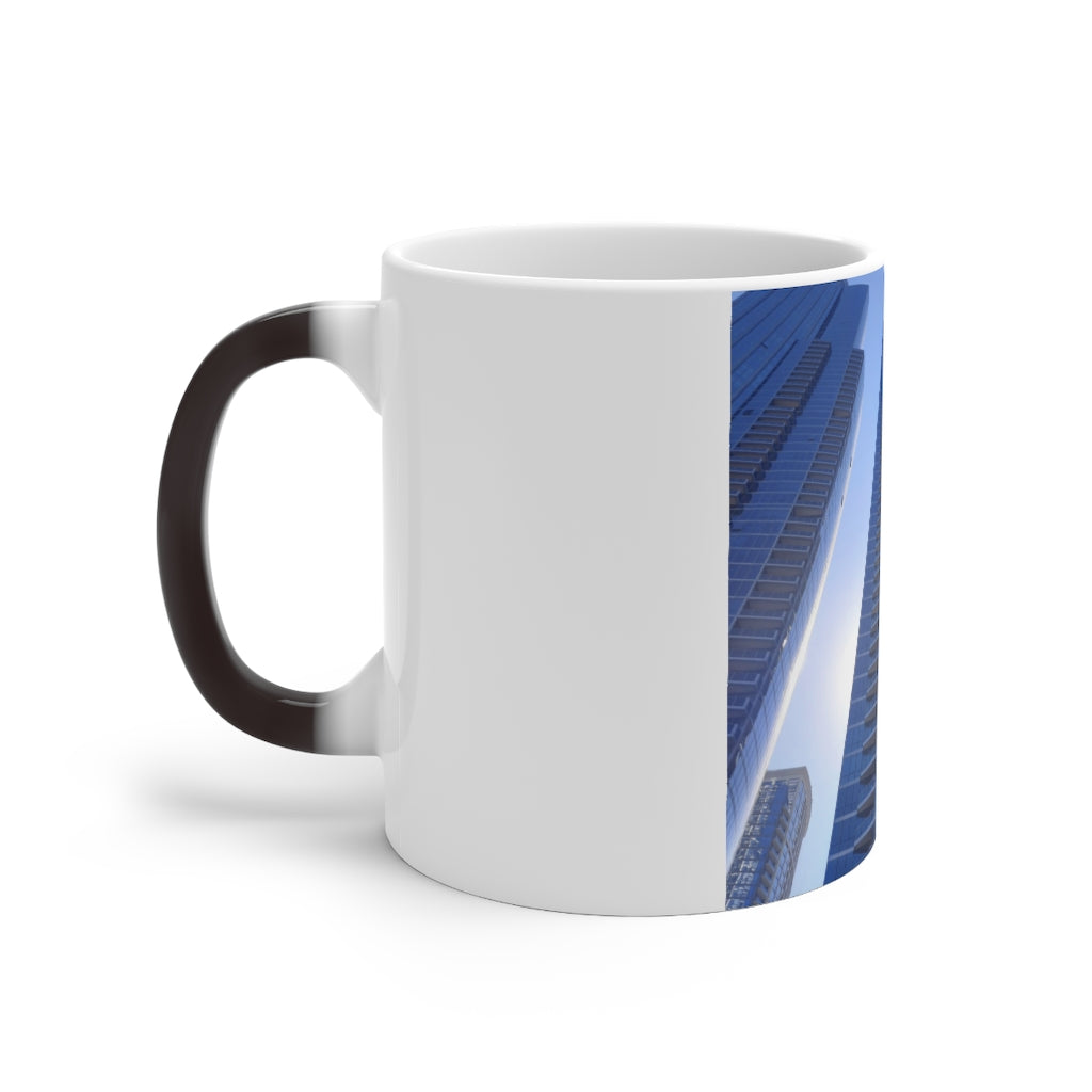 Chicago Skyline Color Changing Mug showcasing vibrant colors when filled with hot liquid, featuring a C-handle and rounded corners.