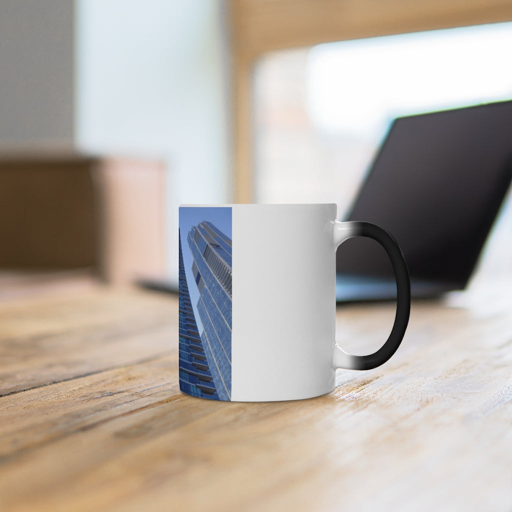 Chicago Skyline Color Changing Mug showcasing vibrant colors when filled with hot liquid, featuring a C-handle and rounded corners.