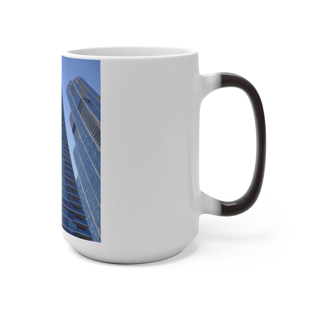 Chicago Skyline Color Changing Mug showcasing vibrant colors when filled with hot liquid, featuring a C-handle and rounded corners.