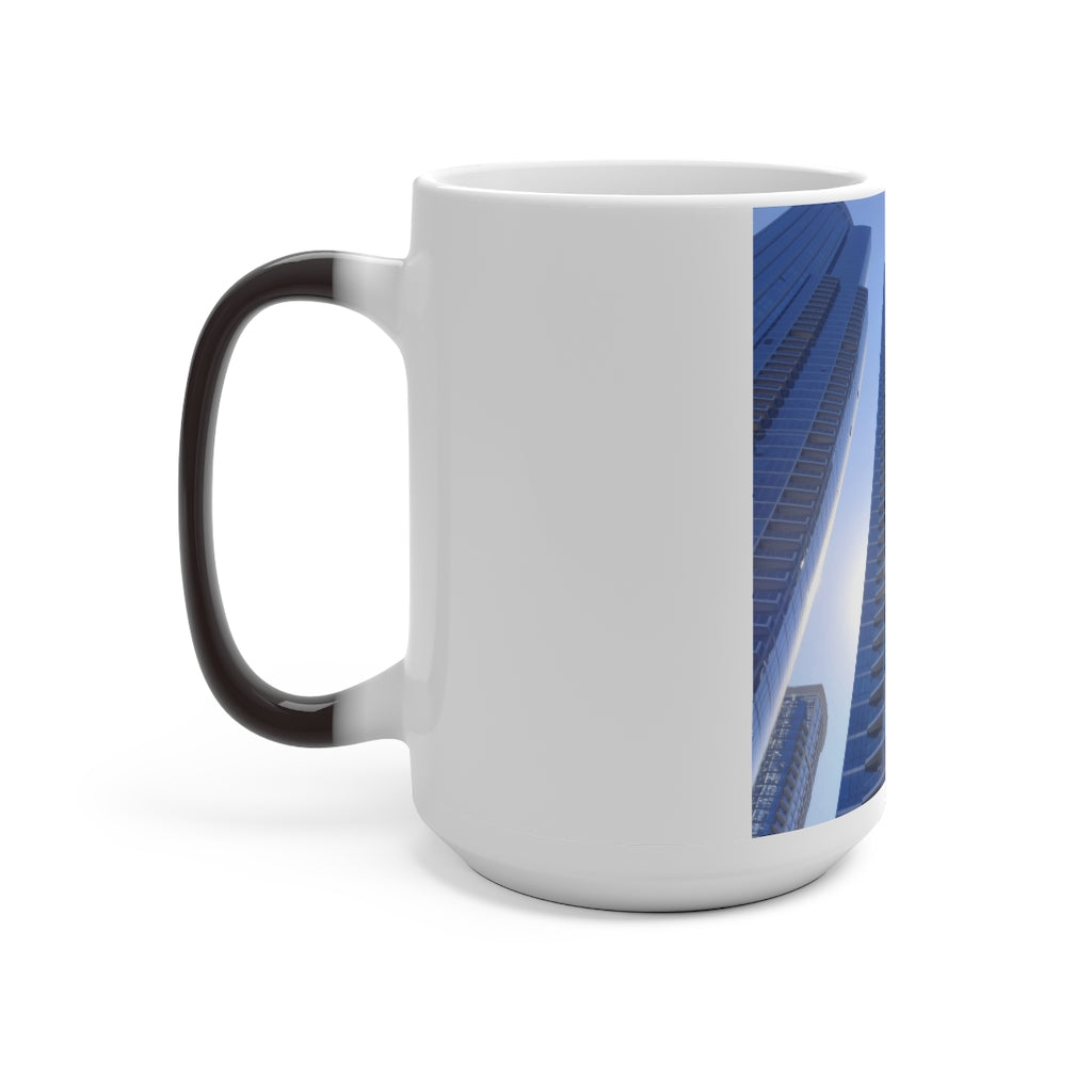 Chicago Skyline Color Changing Mug showcasing vibrant colors when filled with hot liquid, featuring a C-handle and rounded corners.