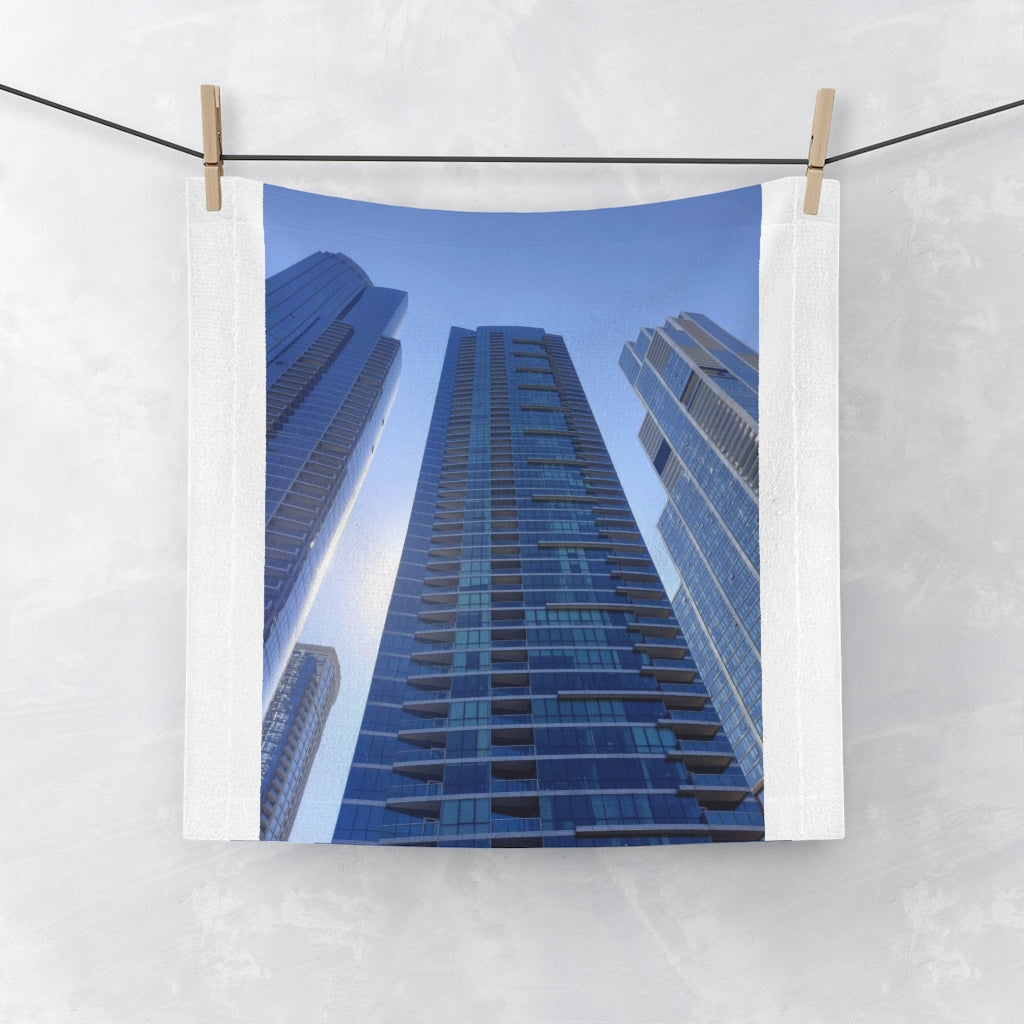 Chicago Skyline Face Towel featuring a customizable polyester front and soft cotton back, ideal for bathroom use.