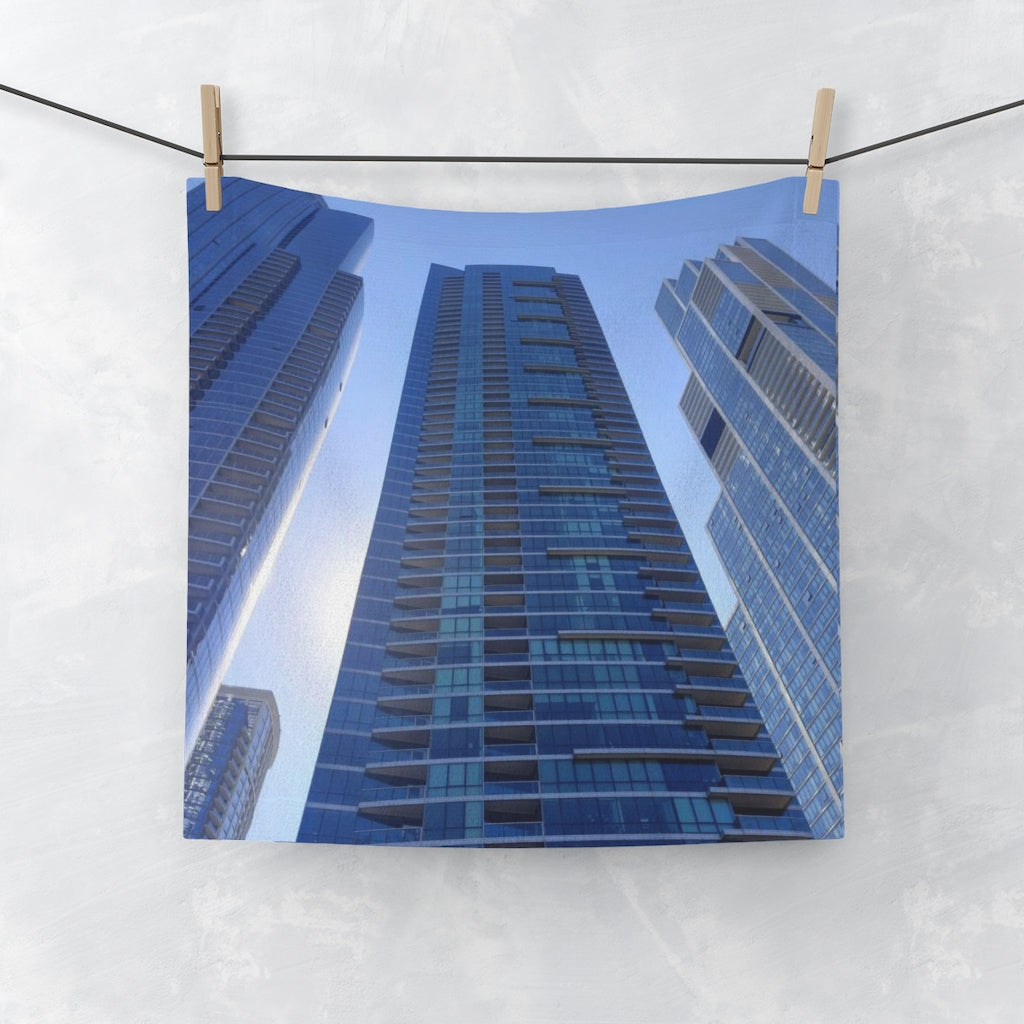 Chicago Skyline Face Towel featuring a customizable polyester front and soft cotton back, perfect for bathroom use.