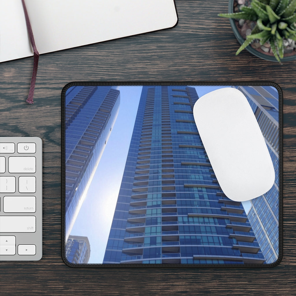 Chicago Skyline Gaming Mouse Pad featuring vibrant colors and stitched edges, perfect for gaming and office use.