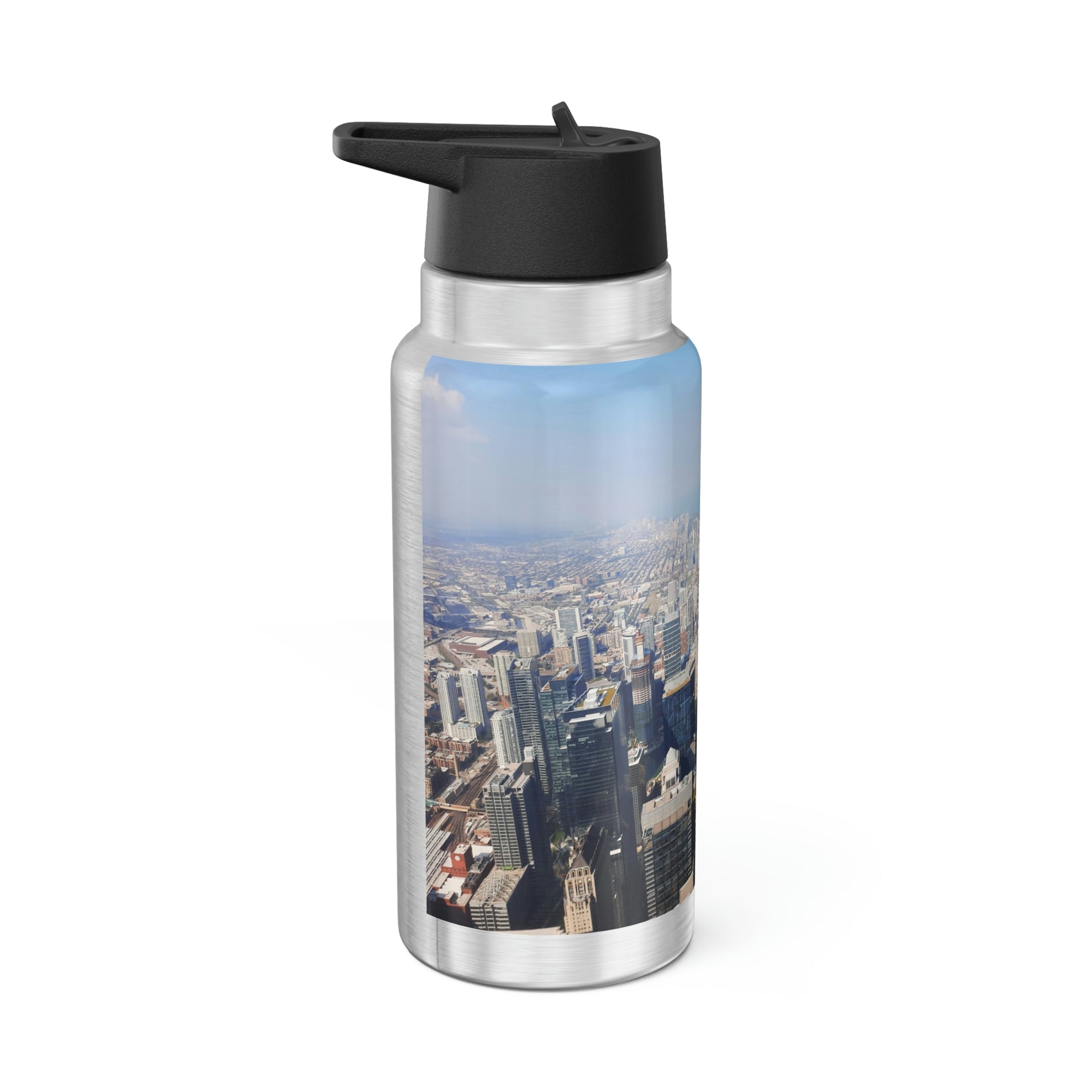 Chicago Skyline Gator Tumbler, 32oz, featuring a stainless steel body and a black plastic screw-on cap, with a skyline design.