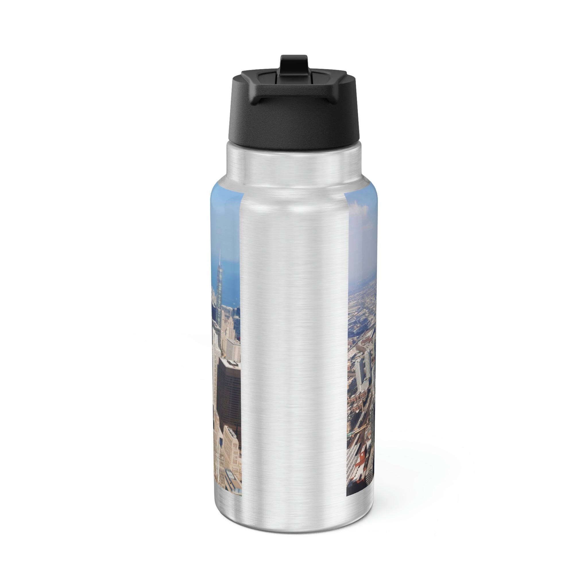 Chicago Skyline Gator Tumbler, 32oz, featuring a stainless steel body and a black plastic screw-on cap, with a skyline design.