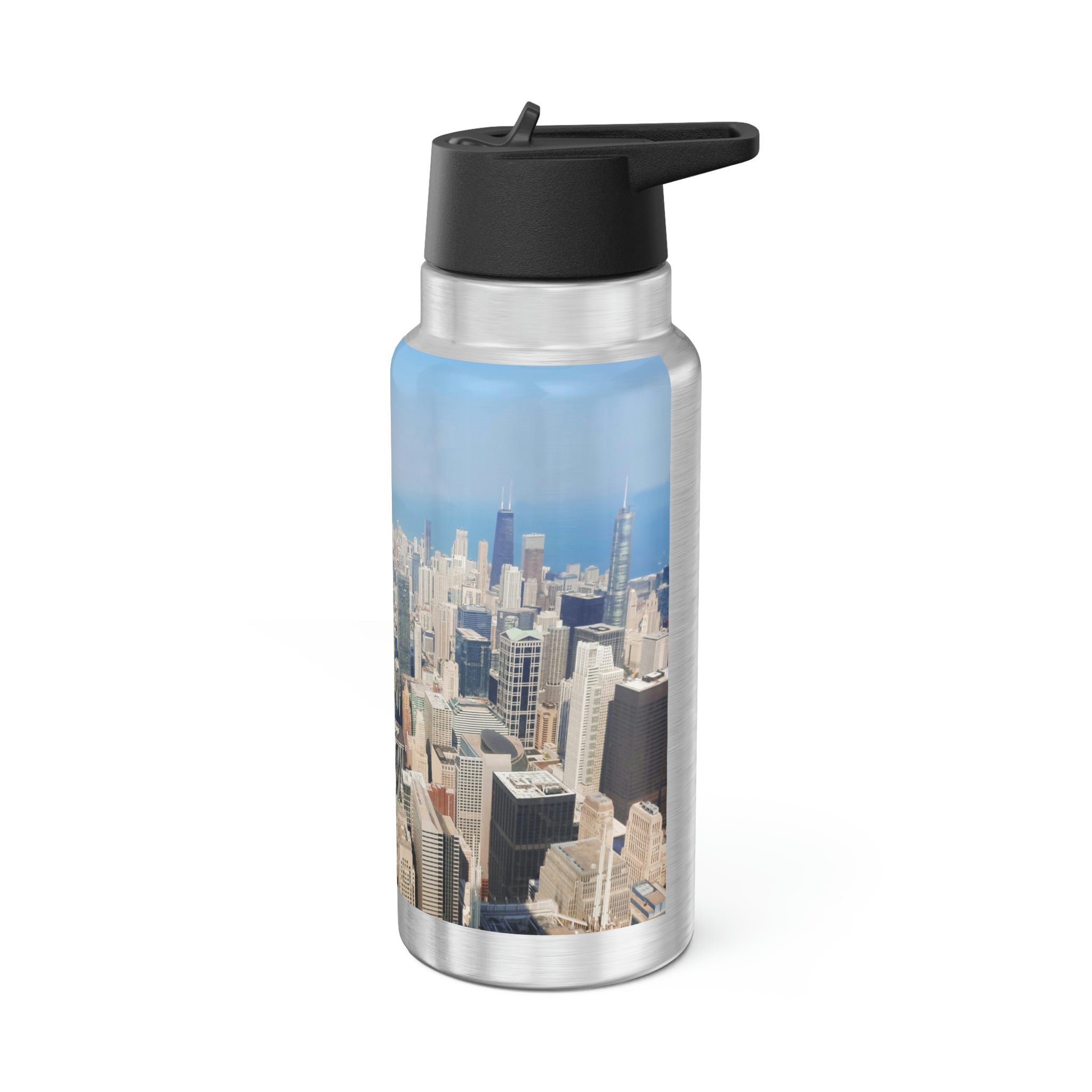 Chicago Skyline Gator Tumbler, 32oz, featuring a stainless steel body and a black plastic screw-on cap, with a skyline design.