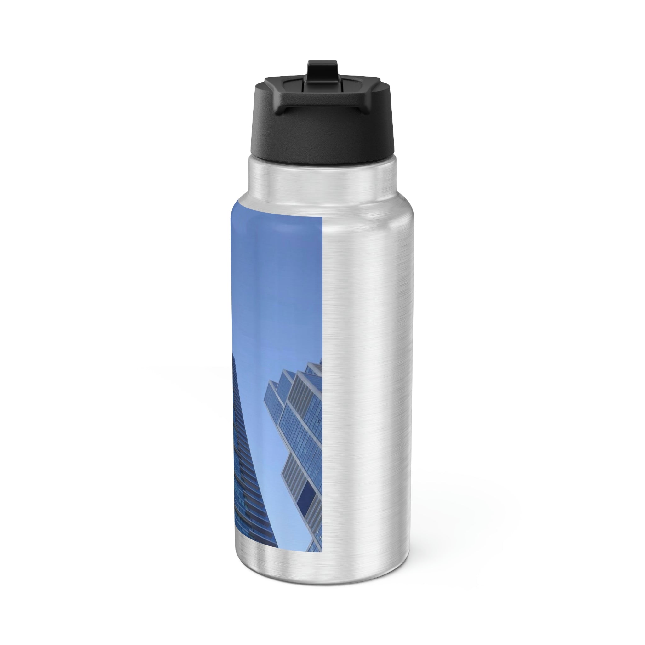 Chicago Skyline Gator Tumbler, 32oz, stainless steel with black cap and straw, customizable design.