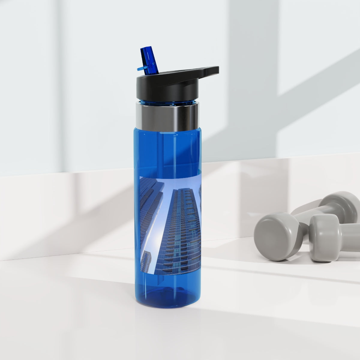 Chicago Skyline Kensington Tritan™ Sport Bottle, 20oz with a carabiner hook and straw, showcasing a stylish design.