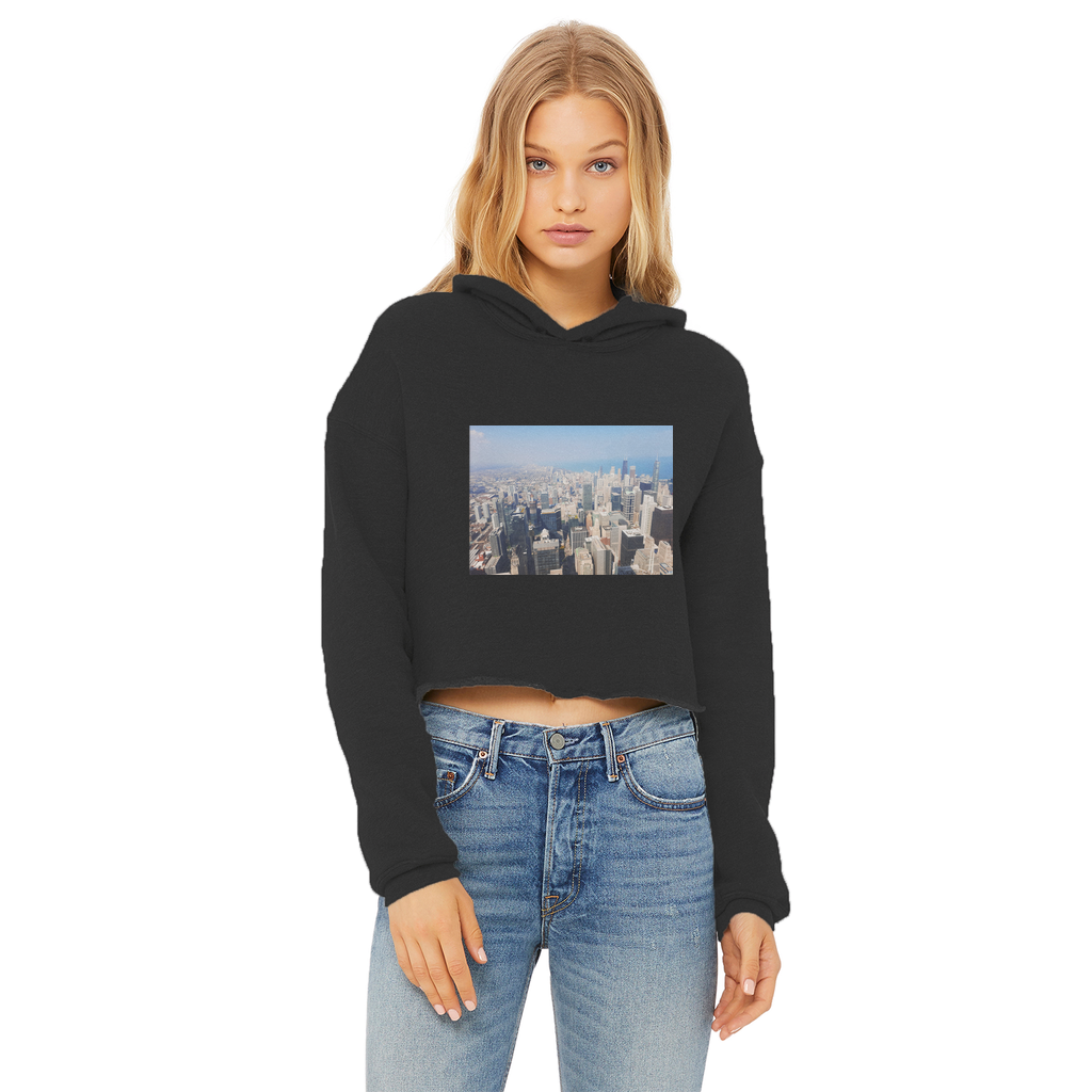 Chicago Skyline Ladies Cropped Raw Edge Hoodie featuring a stylish cropped design, double fabric hood, and raw edge hem in a soft cotton blend.