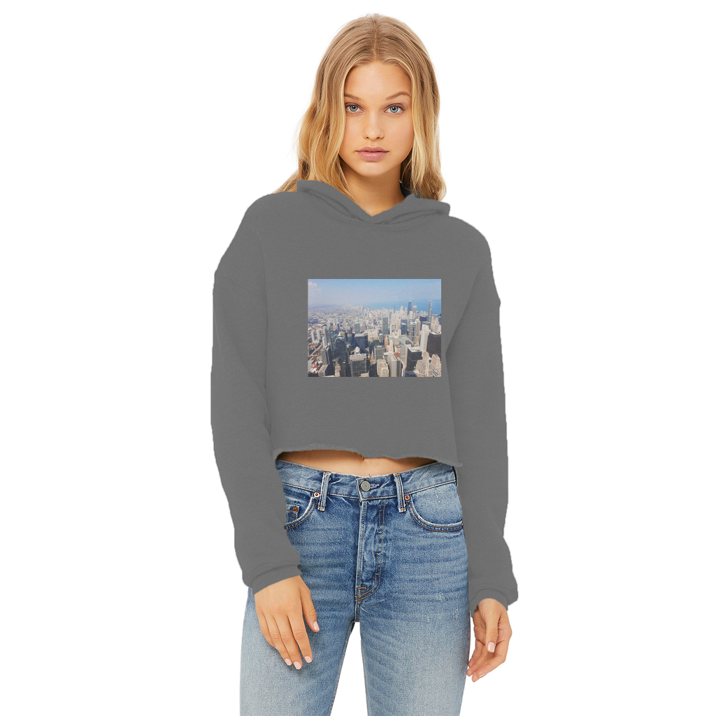 Chicago Skyline Ladies Cropped Raw Edge Hoodie featuring a stylish cropped design, double fabric hood, and raw edge hem in a soft cotton blend.