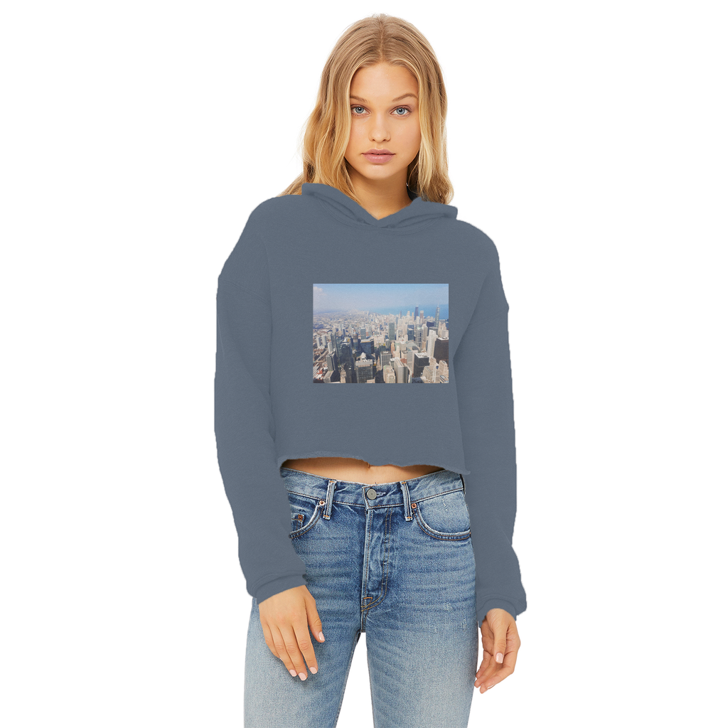 Chicago Skyline Ladies Cropped Raw Edge Hoodie featuring a stylish cropped design, double fabric hood, and raw edge hem in a soft cotton blend.