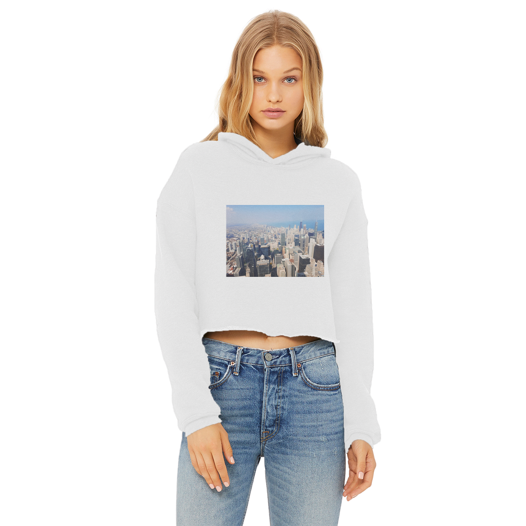 Chicago Skyline Ladies Cropped Raw Edge Hoodie featuring a stylish cropped design, double fabric hood, and raw edge hem in a soft cotton blend.