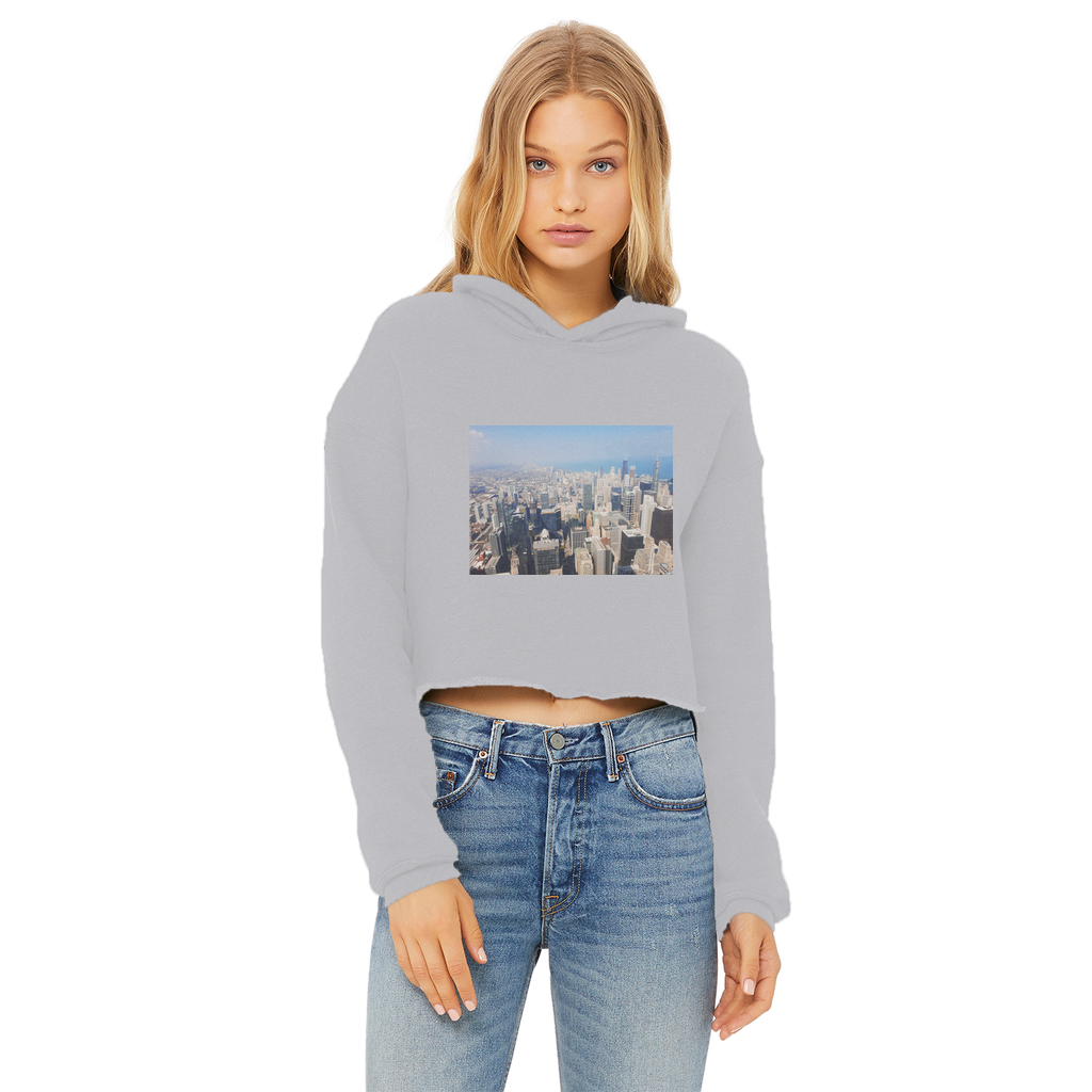 Chicago Skyline Ladies Cropped Raw Edge Hoodie featuring a stylish cropped design, double fabric hood, and raw edge hem in a soft cotton blend.