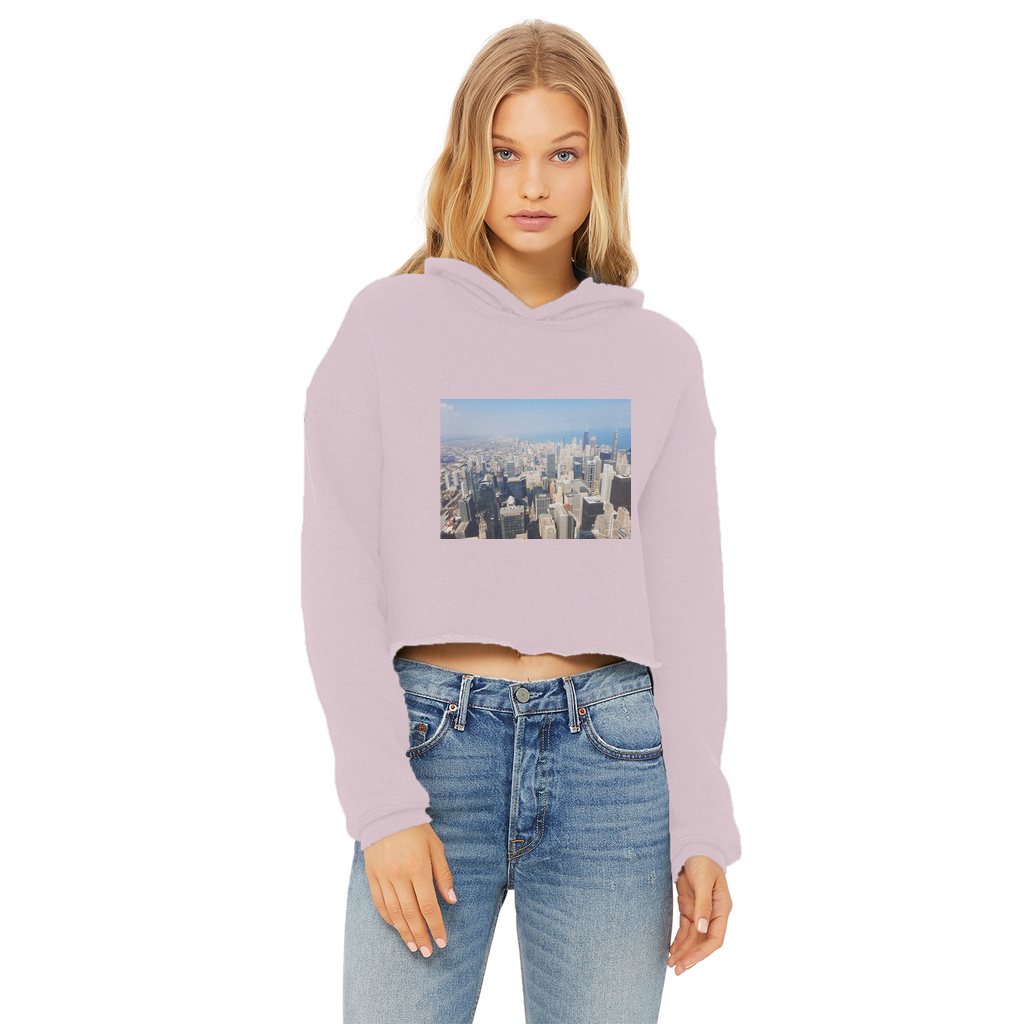 Chicago Skyline Ladies Cropped Raw Edge Hoodie featuring a stylish cropped design, double fabric hood, and raw edge hem in a soft cotton blend.