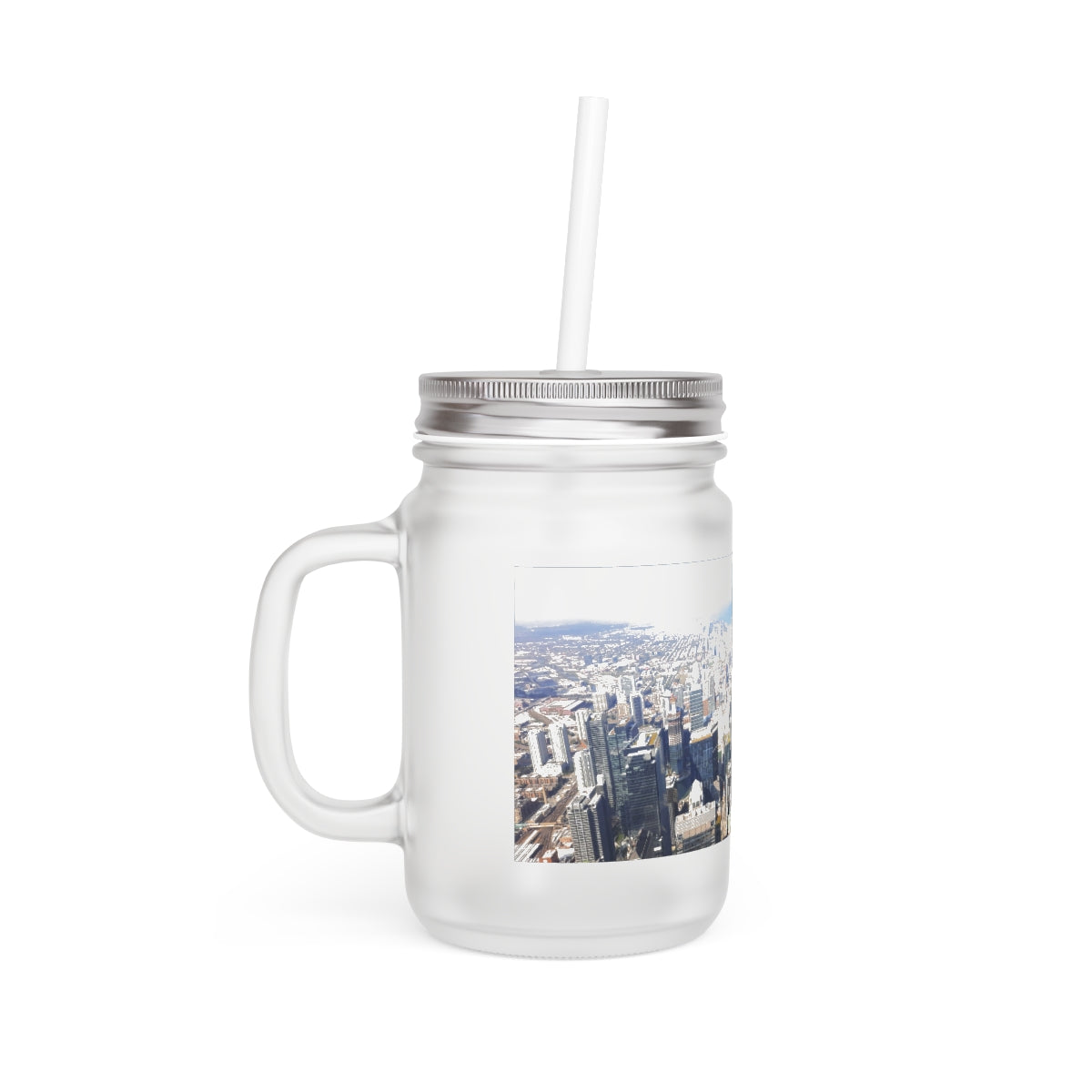 Chicago Skyline Mason Jar with straw and lid, showcasing a frosted glass design perfect for personalized drinks.