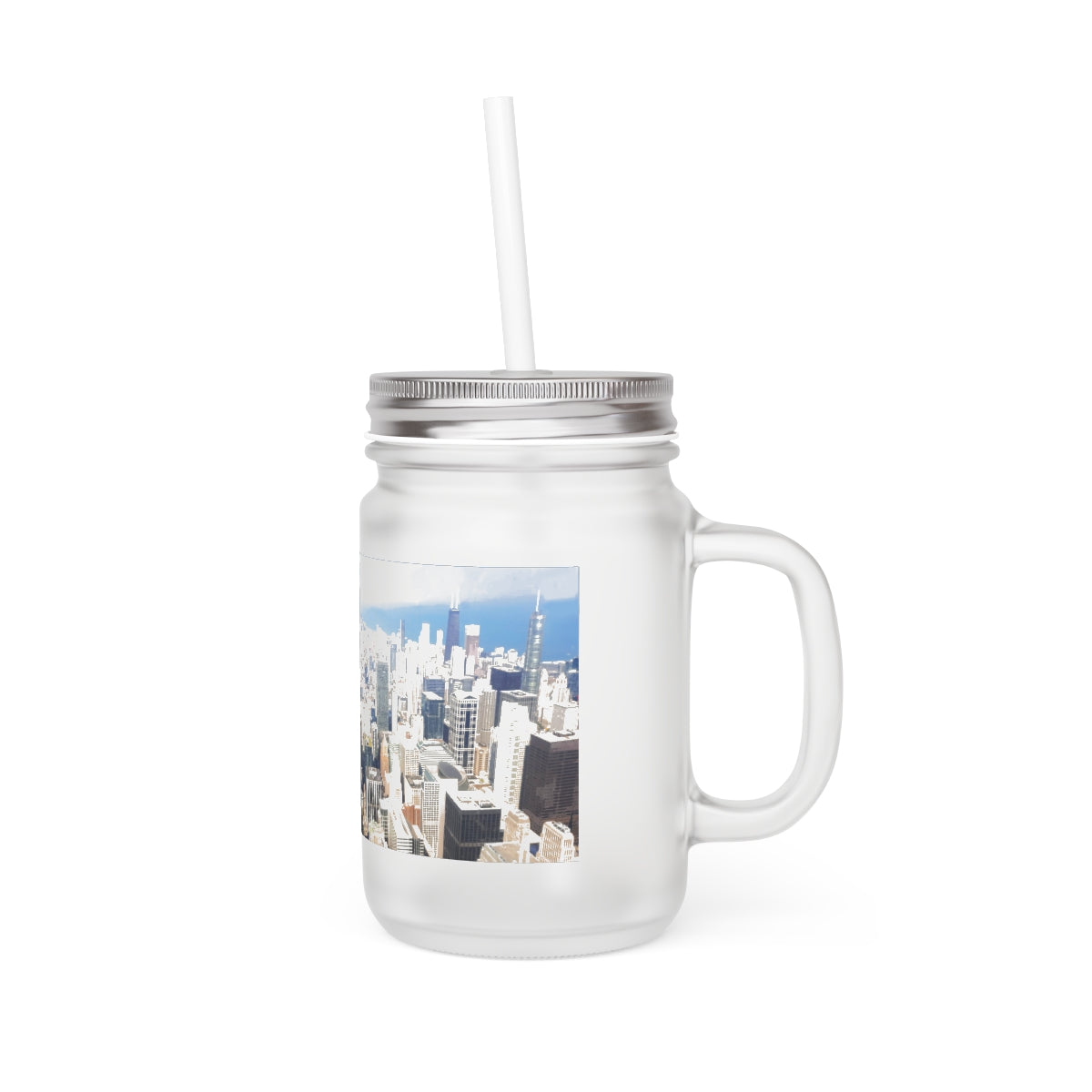 Chicago Skyline Mason Jar with straw and lid, showcasing a frosted glass design perfect for personalized drinks.