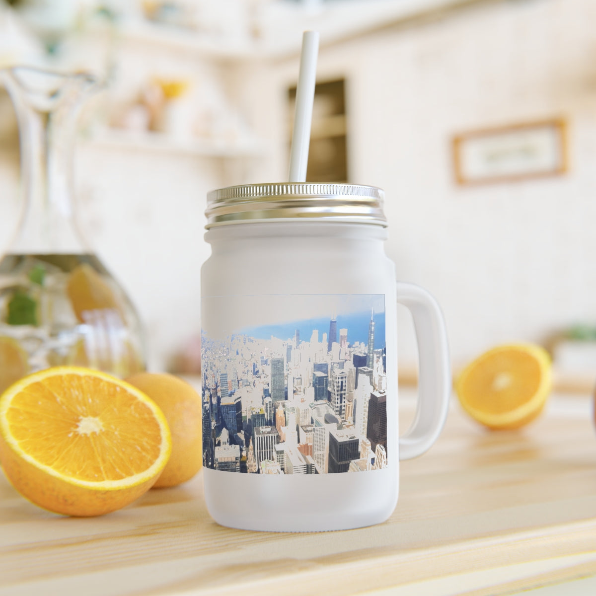 Chicago Skyline Mason Jar with straw and lid, showcasing a frosted glass design perfect for personalized drinks.