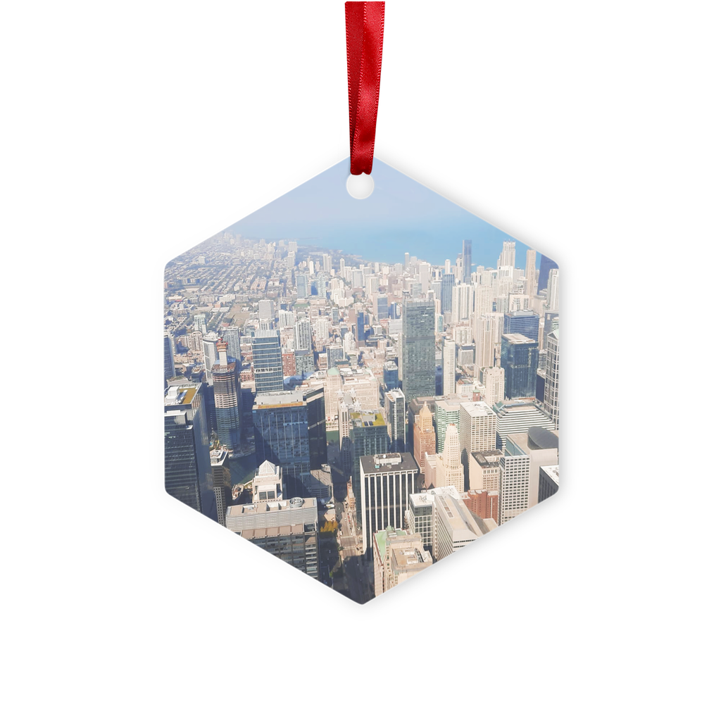 Chicago Skyline Metal Hanging Ornament in hexagon and star shapes, featuring a glossy white finish and red ribbon for hanging.