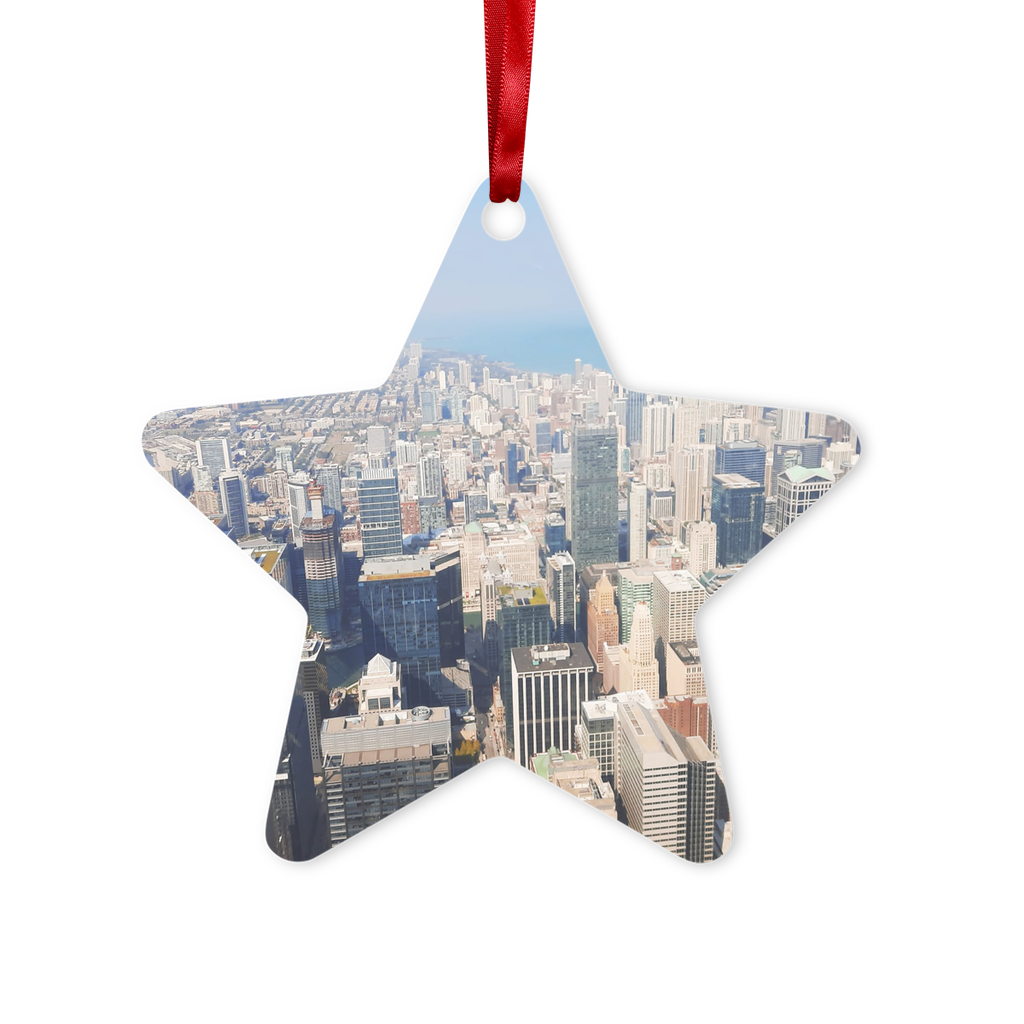 Chicago Skyline Metal Hanging Ornament in hexagon and star shapes, featuring a glossy white finish and red ribbon for hanging.