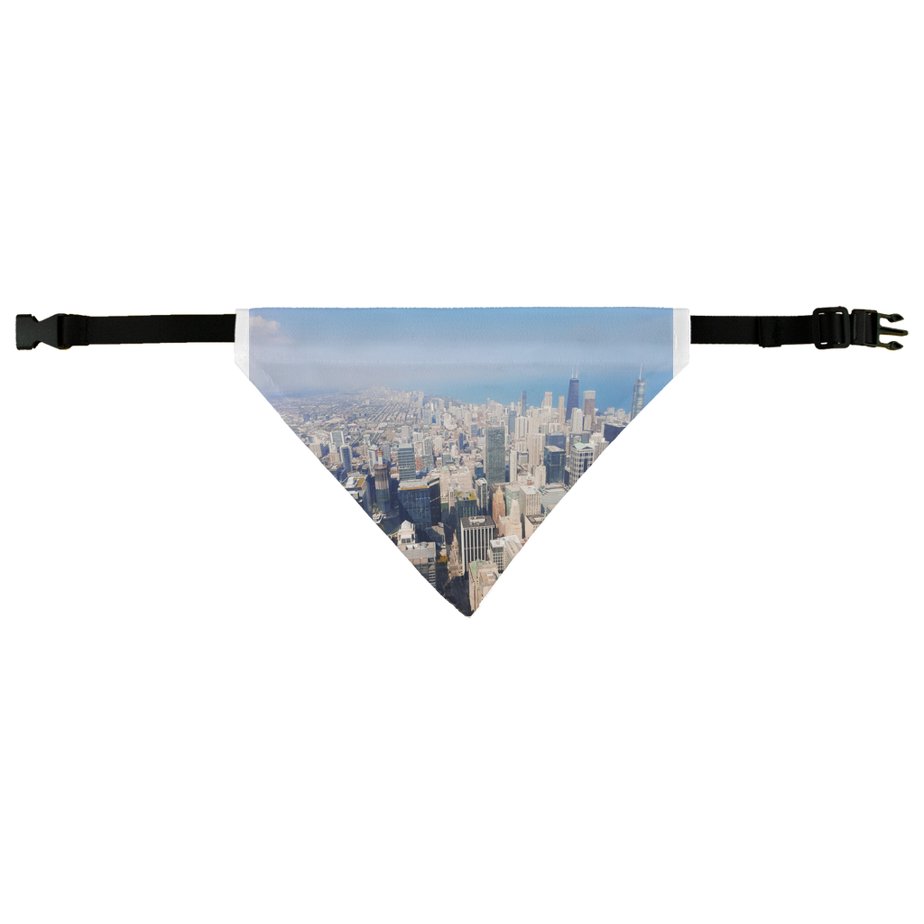 Chicago Skyline Pet Bandana featuring a stylish design for pets, made from 100% polyester with an easy fastening strap.