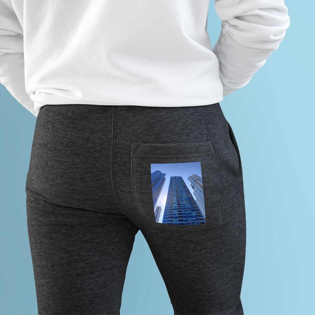 Chicago Skyline Premium Fleece Joggers featuring a customizable back pocket and two side pockets, made from soft fleece fabric.