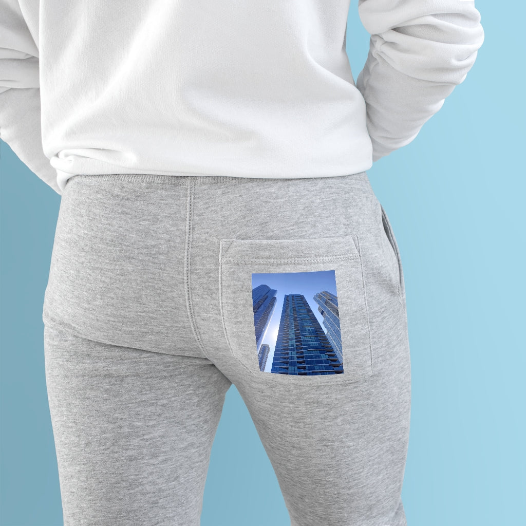 Chicago Skyline Premium Fleece Joggers featuring a customizable back pocket and two side pockets, made from soft fleece fabric.