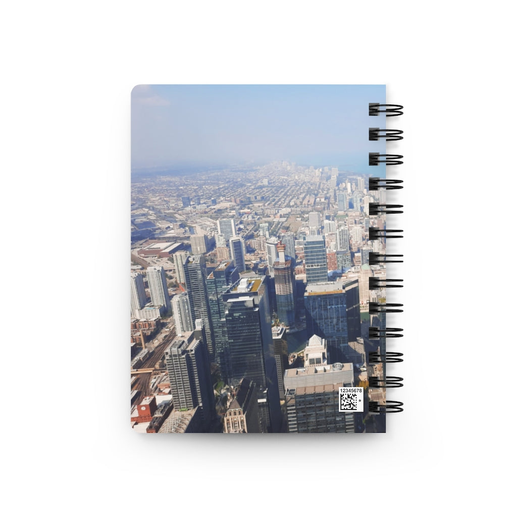 Chicago Skyline Spiral Bound Journal with glossy cover and lined pages, showcasing a vibrant city skyline design.