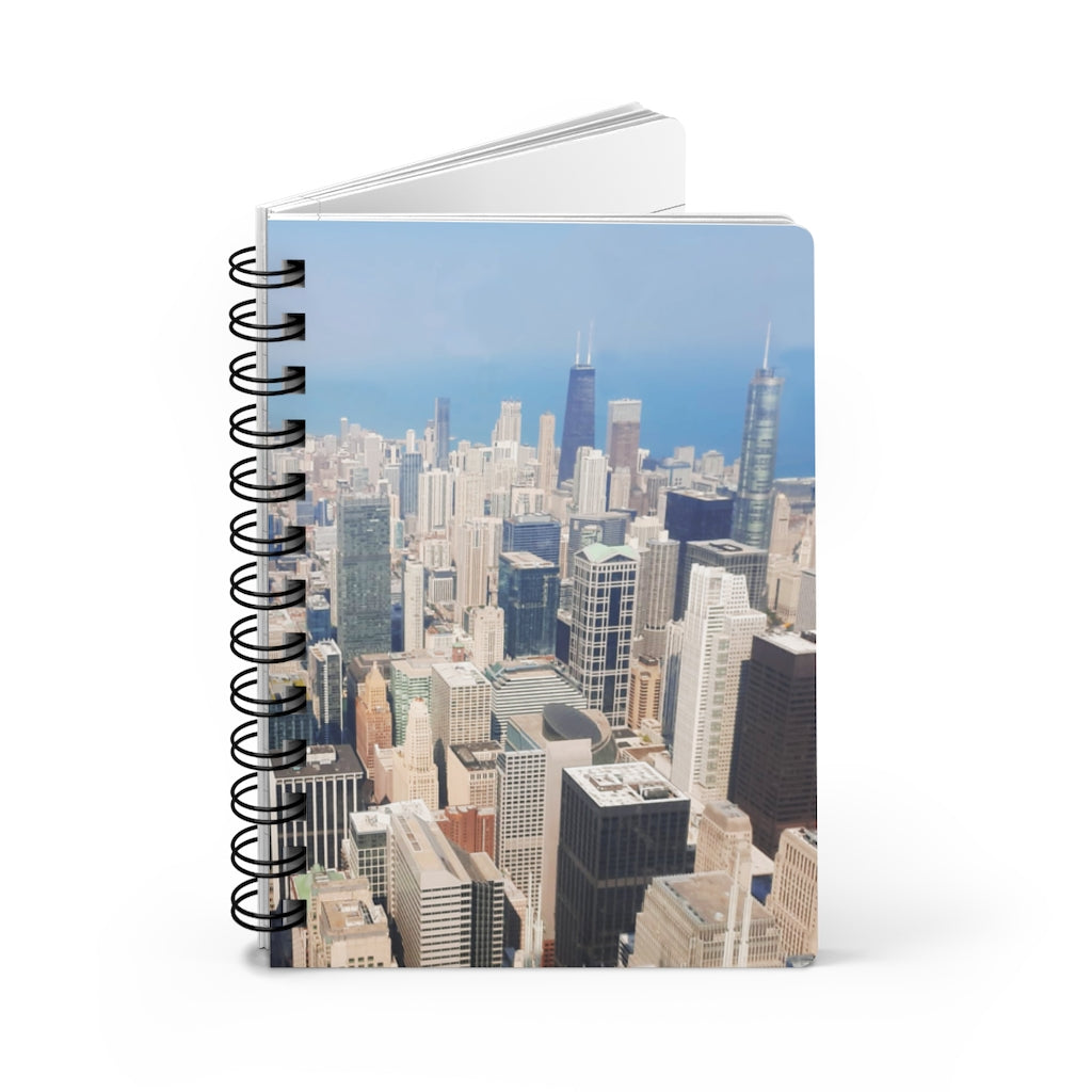 Chicago Skyline Spiral Bound Journal with glossy cover and lined pages, showcasing a vibrant city skyline design.