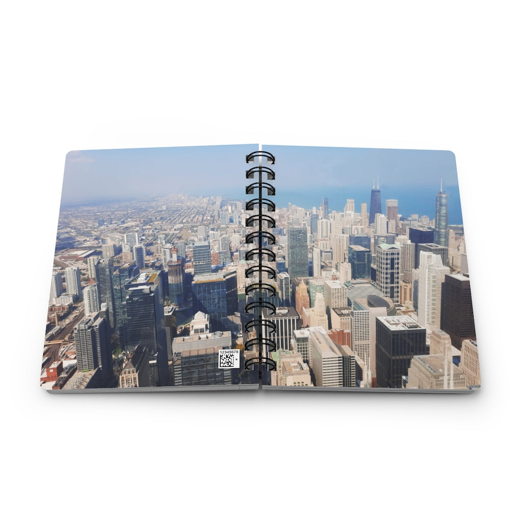 Chicago Skyline Spiral Bound Journal with glossy cover and lined pages, showcasing a vibrant city skyline design.