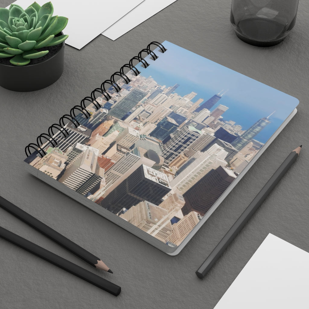 Chicago Skyline Spiral Bound Journal with glossy cover and lined pages, showcasing a vibrant city skyline design.