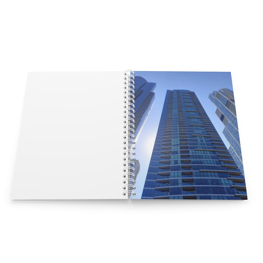 Chicago Skyline Spiral Notebook with customizable covers and wide-ruled pages, featuring a semi-gloss laminated finish.