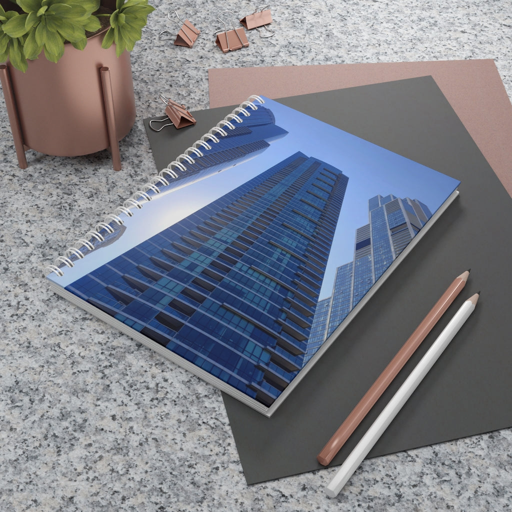 Chicago Skyline Spiral Notebook with customizable covers and wide-ruled pages, featuring a semi-gloss laminated finish.