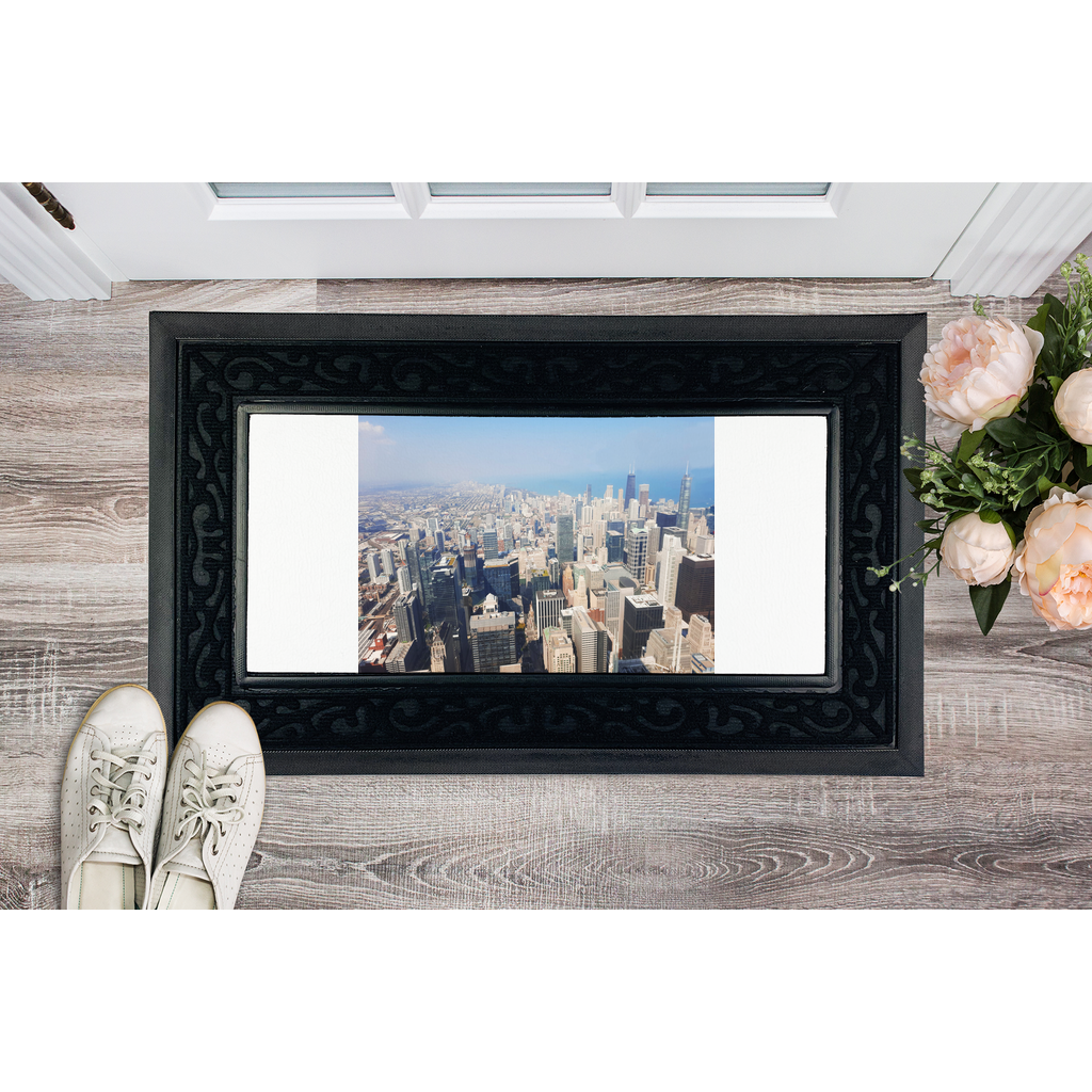 Chicago Skyline Sublimation Heavy Duty Door Mat with a non-slip rubber base and customizable fabric center, featuring a classy brush border.