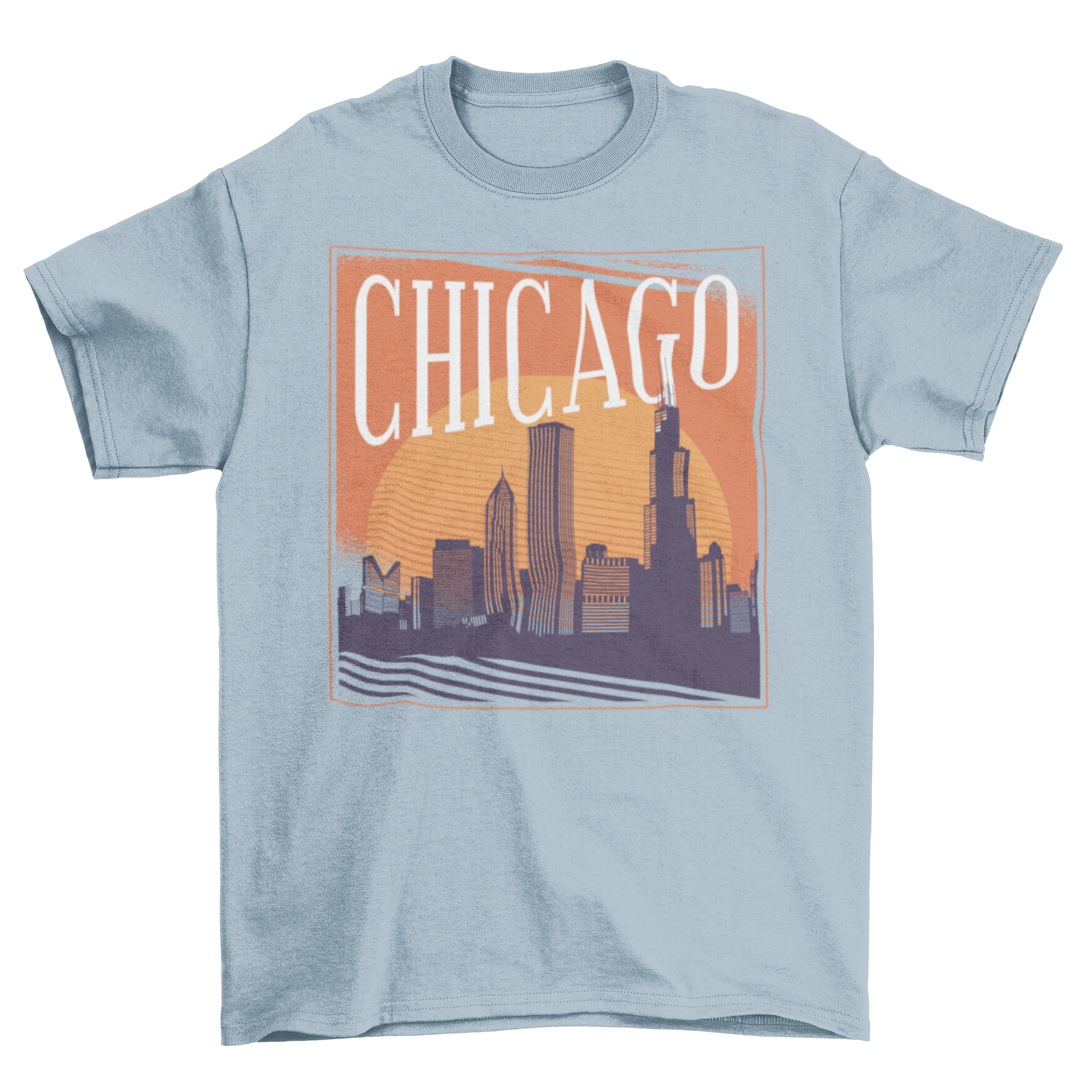 Chicago skyline t-shirt featuring a silhouette design against a colorful sunset background.